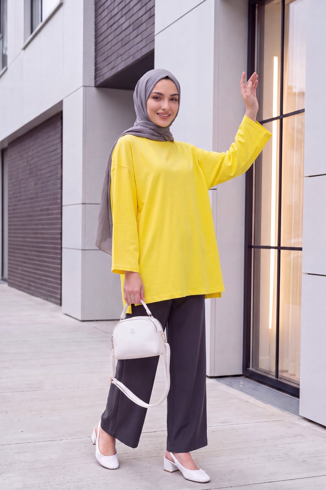 Round Neck Relaxed Fit Jersey Tunic - Yellow - Podyumplus - by Peralane - photo 3