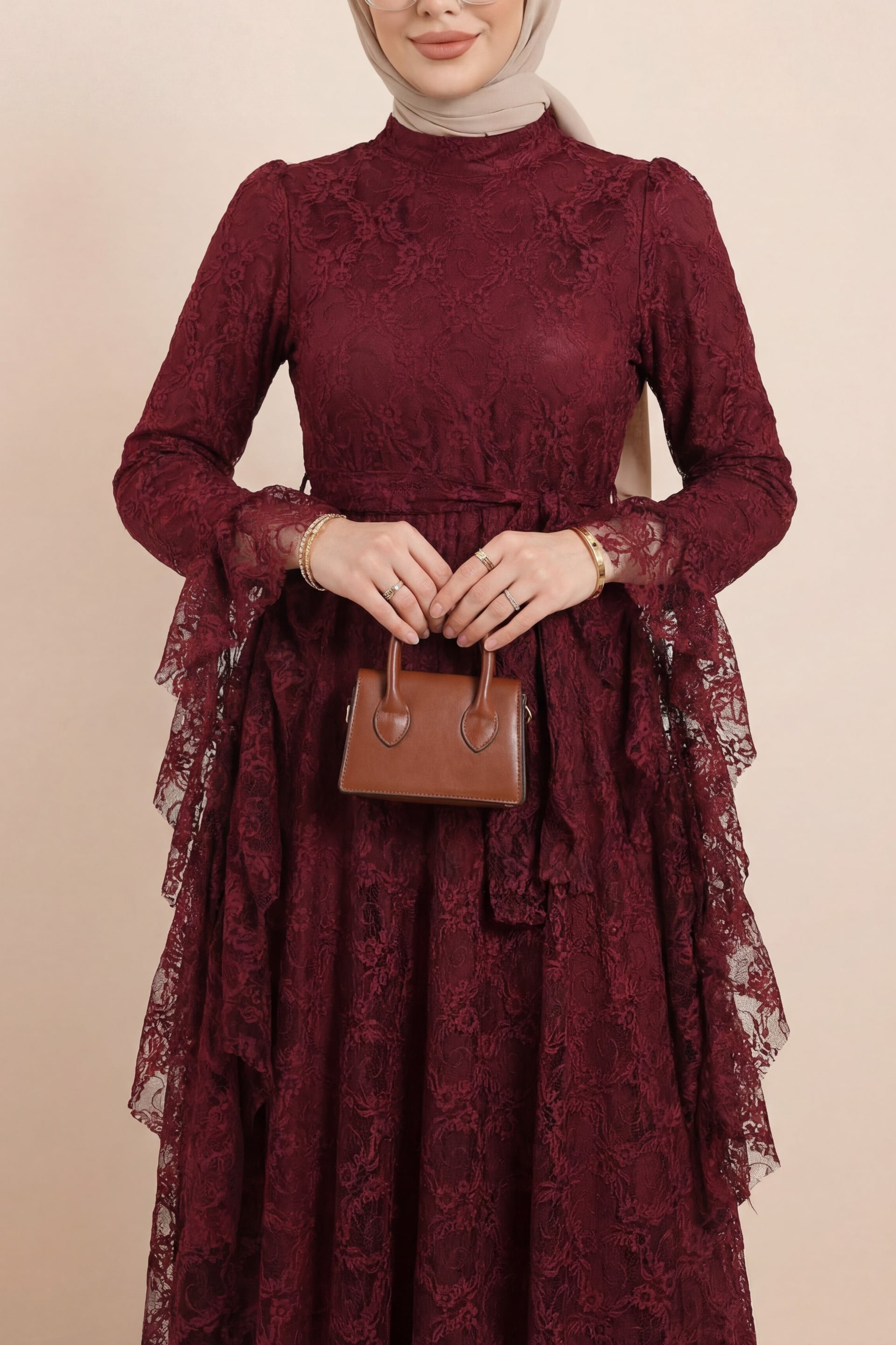 Burgundy Floral Lace Dress with Belted Waist and Flared Cuffs - Podyumplus - by Peralane - photo 3