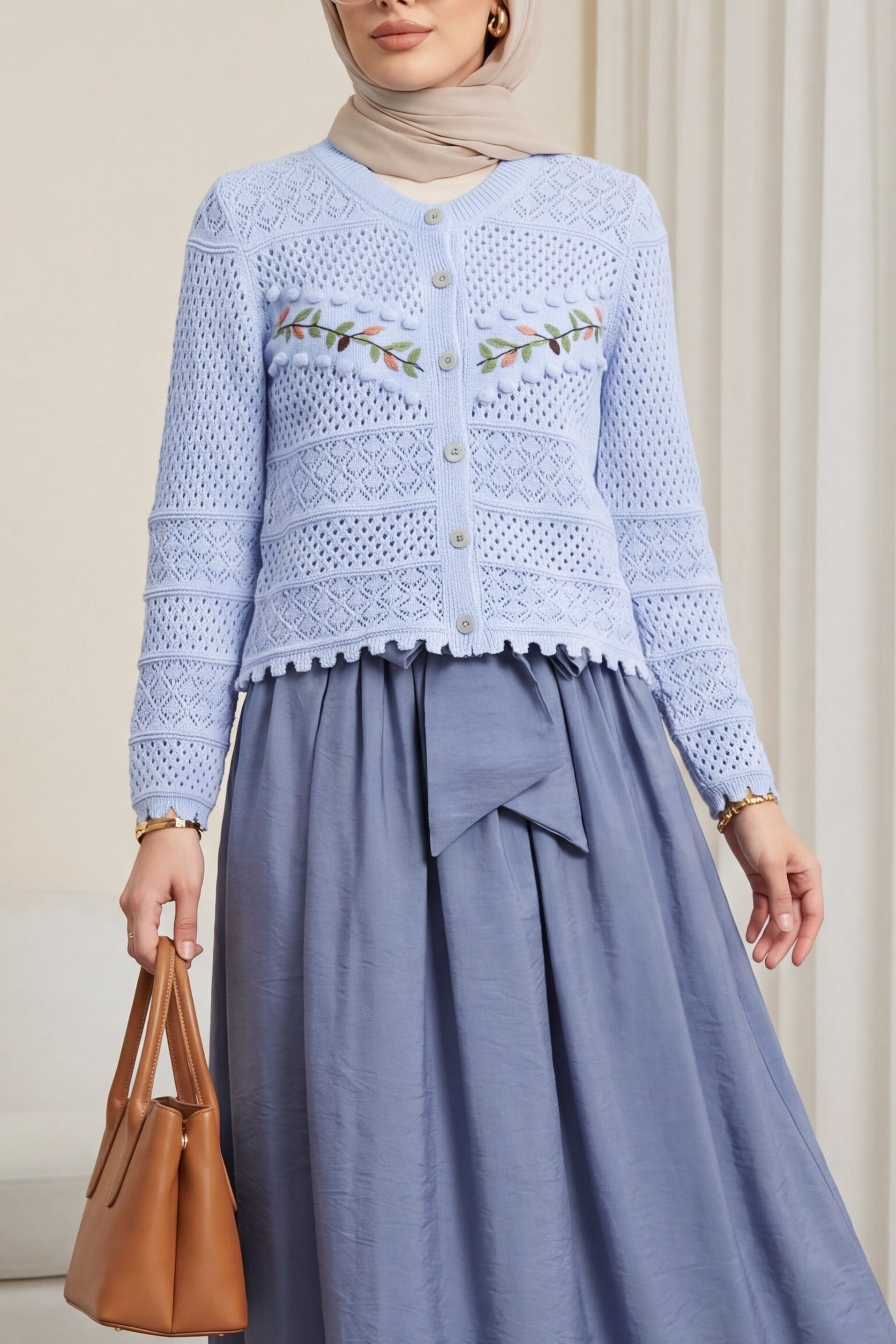 Embroidered Open-Knit Cardigan in Baby Blue - Podyumplus - by Peralane