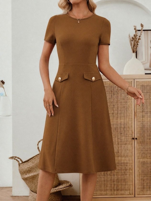 Women's Short Sleeve Crew Neck Pocket Detail Midi Crepe Dress - Janes - by Peralane - photo 2