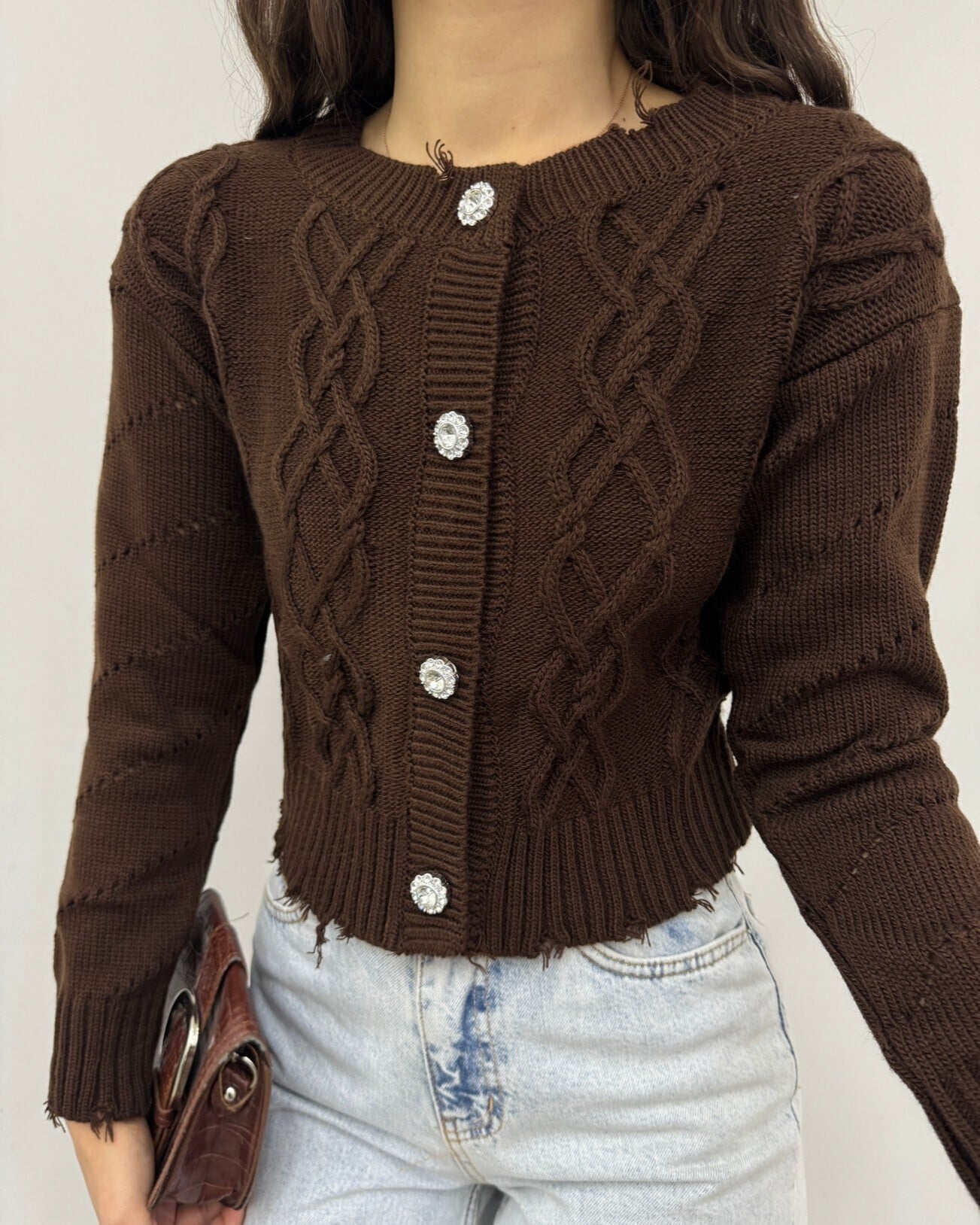 Stone Button Distressed Crop Cardigan - Brown - Podyumplus - by Peralane - photo 4