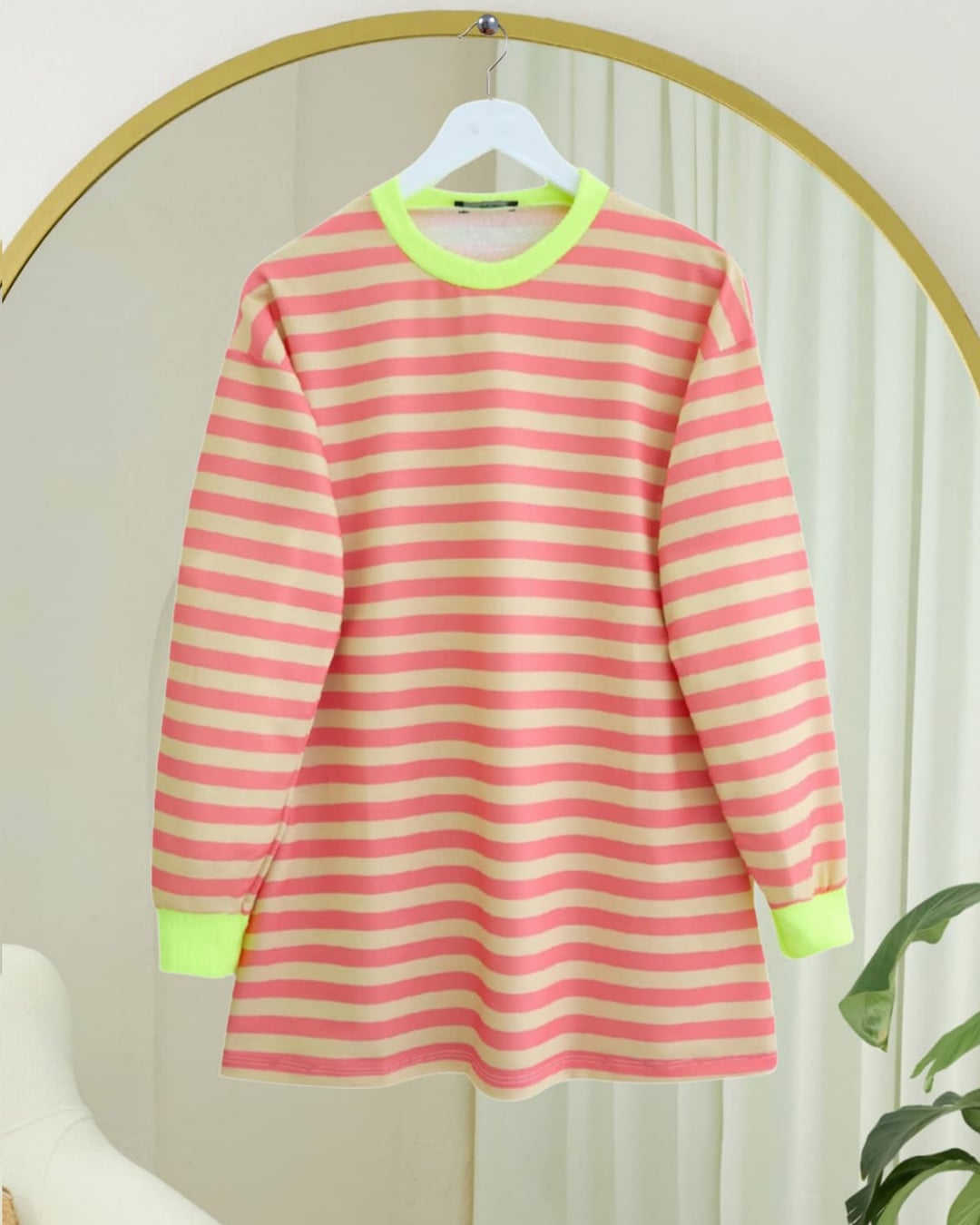 Striped Crew Neck Sweatshirt - Coral Pink and Beige with Neon Yellow Trim - Podyumplus - by Peralane - photo 3
