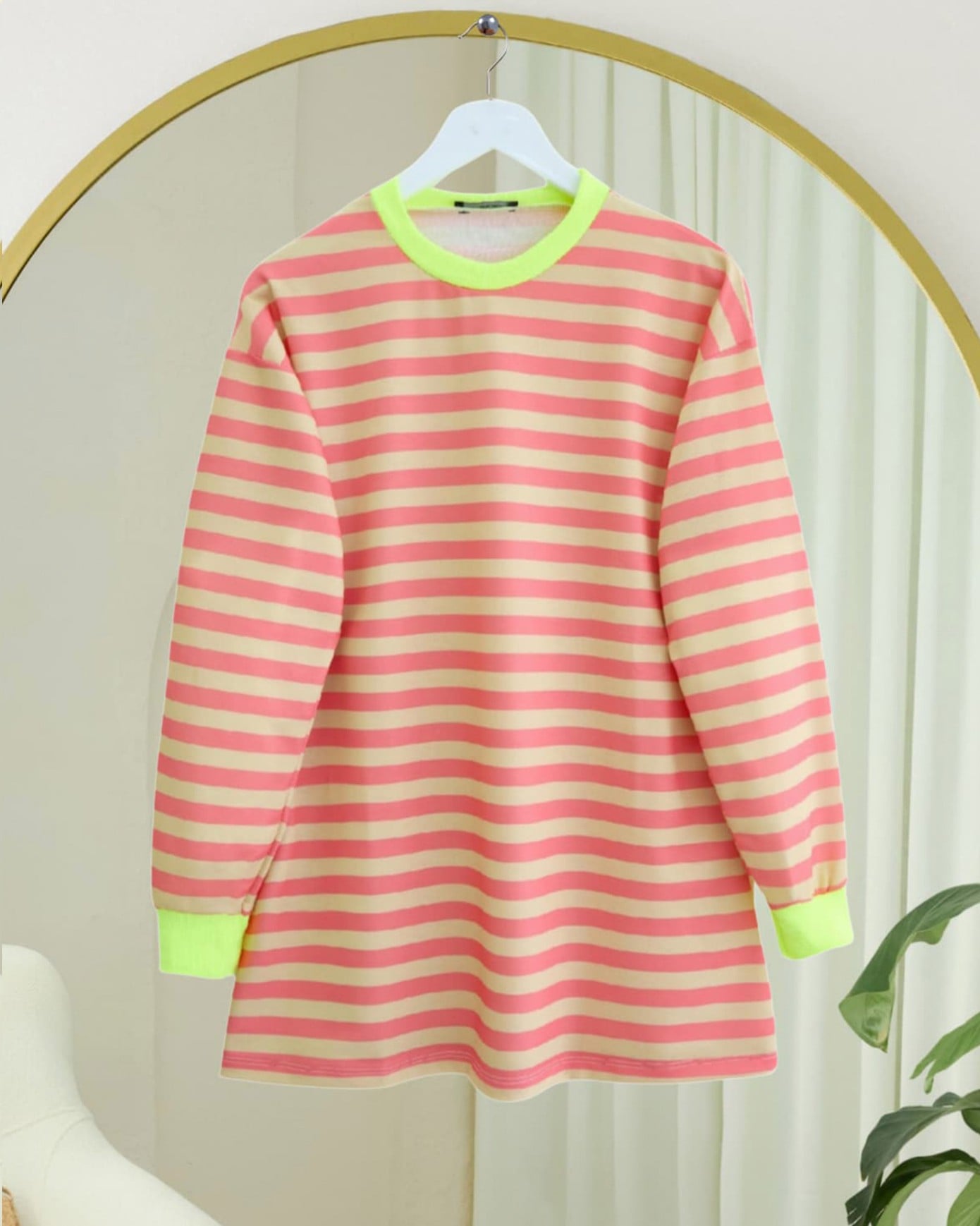 Striped Crew Neck Sweatshirt - Coral Pink and Beige with Neon Yellow Trim - Podyumplus - by Peralane - photo 3