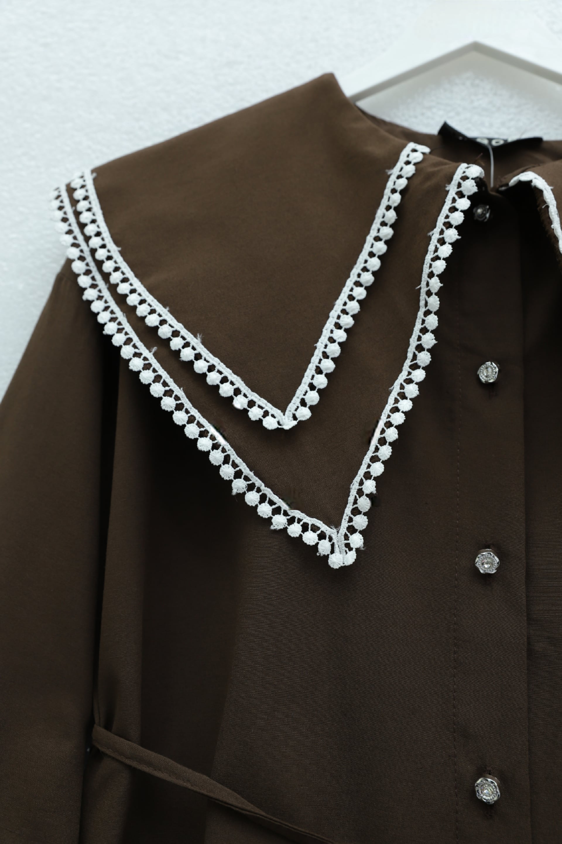 Lace Collar Poplin Tunic with Tie Belt and Cuffs - Brown - Podyumplus - by Peralane - photo 4