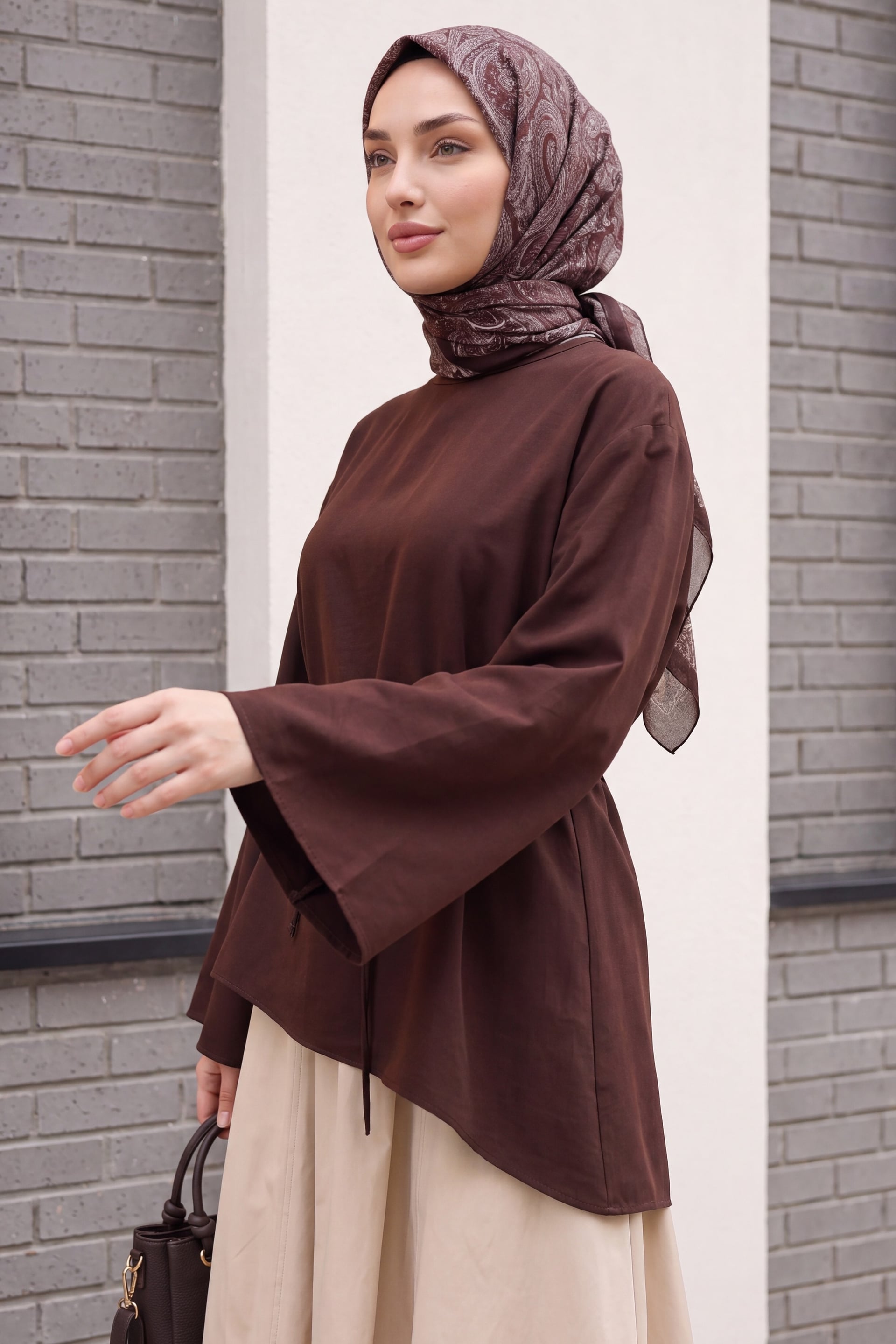 Asymmetric Cut Tie-Belt Oversize Modal Tunic - Dark Brown - Podyumplus - by Peralane - photo 2
