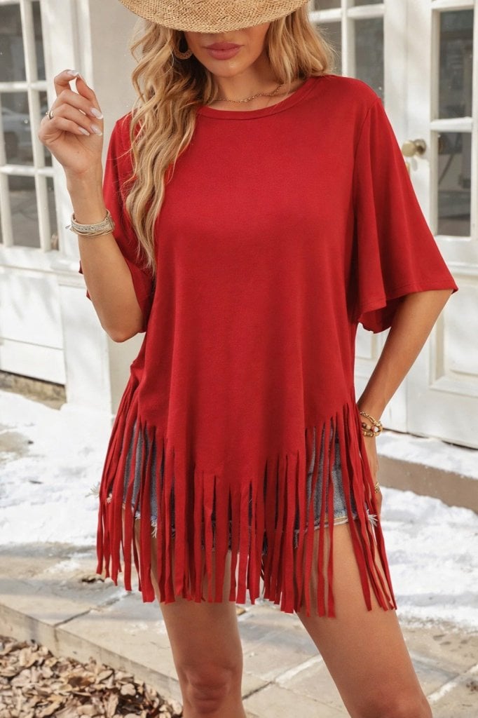 Women's Red Short-Sleeve Fringed Hem Viscose Blouse - Janes - by Peralane