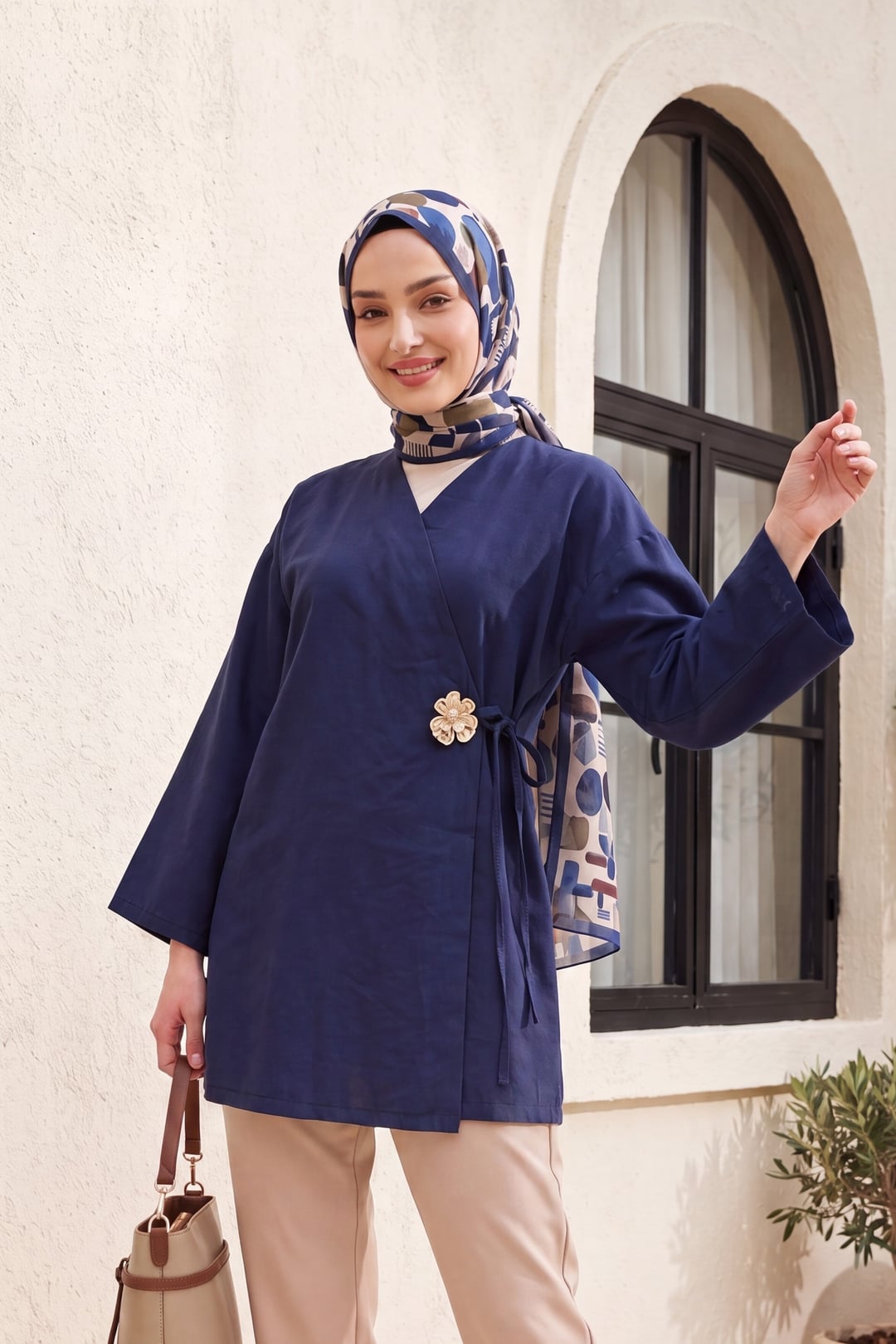 Side Wrap Modal Tunic with Buckle Detail - Navy - Podyumplus - by Peralane