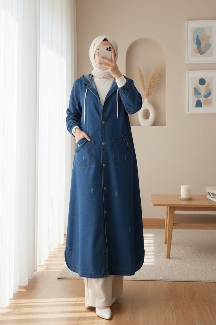 Women's Hooded Long Denim Coat in Dark Navy - Podyumplus - by Peralane