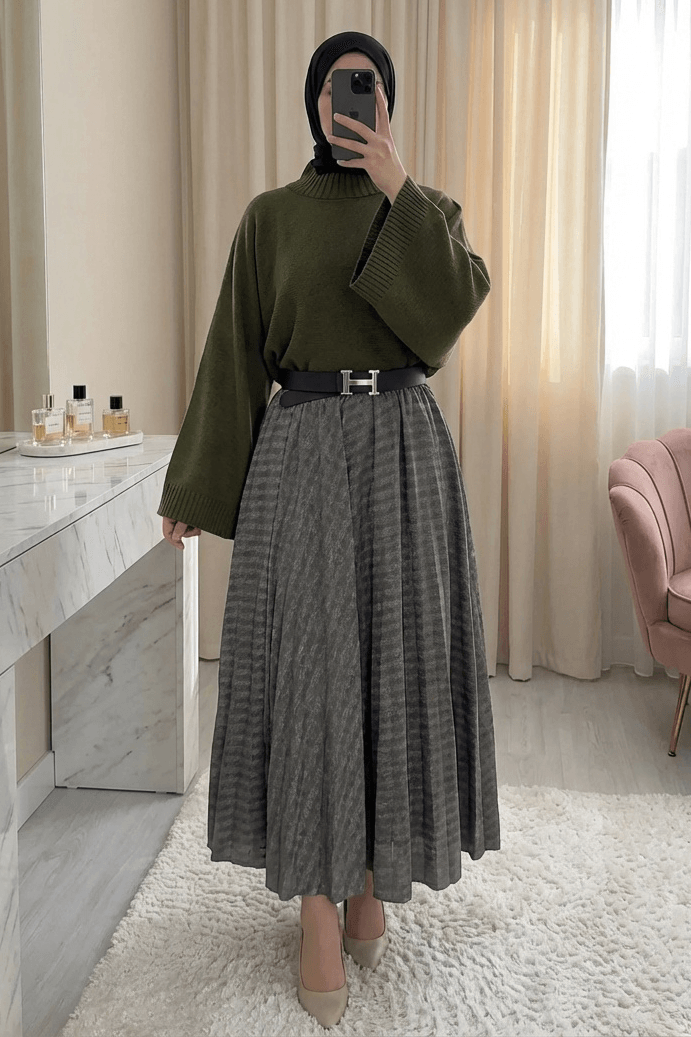 Half Collar Cropped Knit Sweater - Olive Green - Podyumplus - by Peralane
