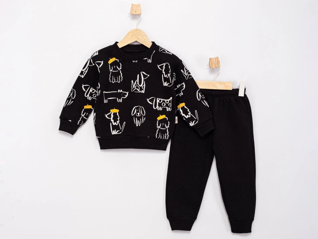 Animal Print 3-Thread Fleece Boys' Set - Black - Feely Kids - by Peralane