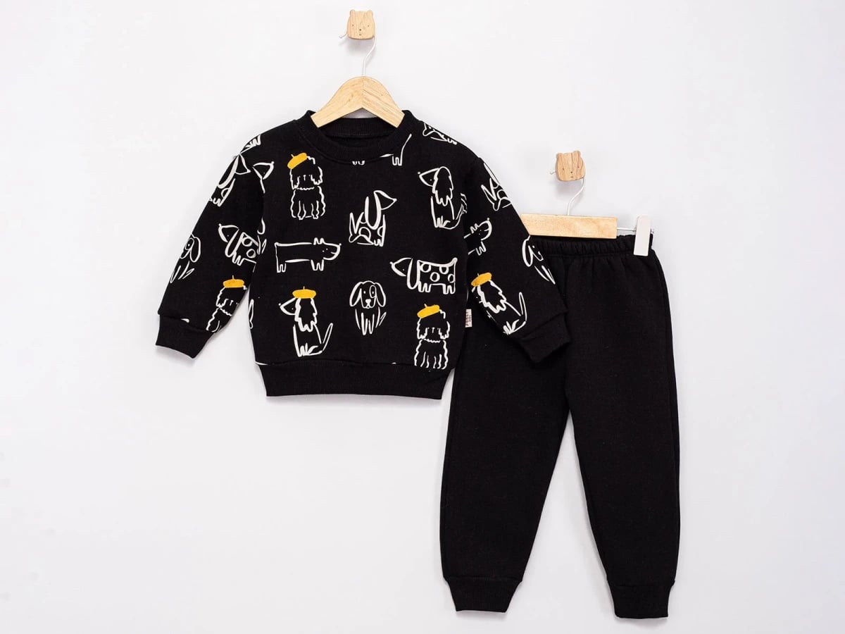 Animal Print 3-Thread Fleece Boys' Set - Black - Feely Kids - by Peralane