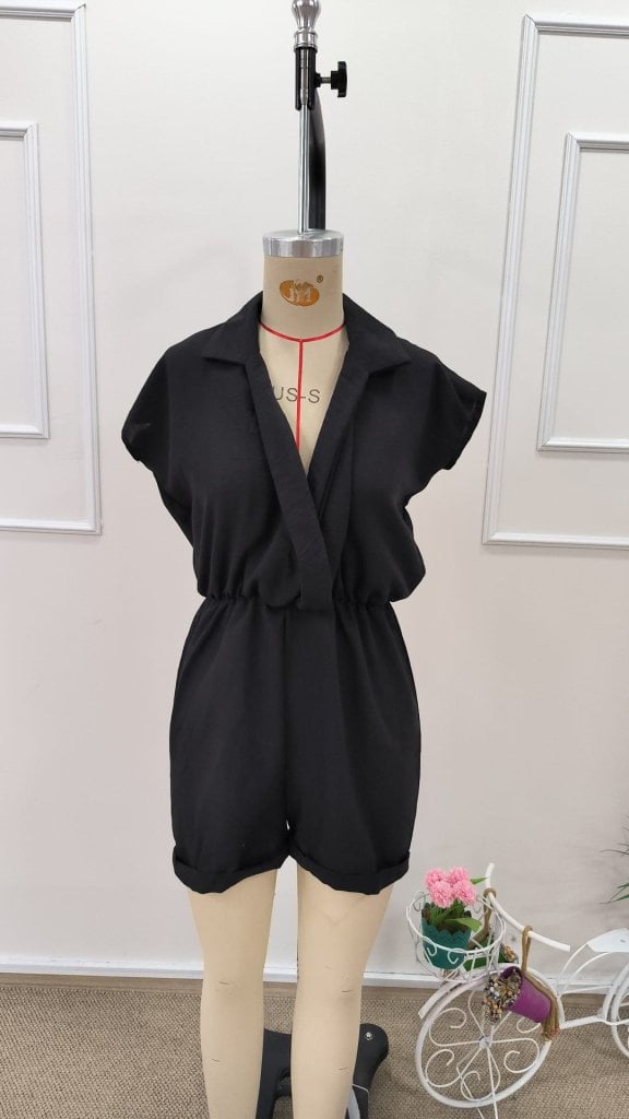 Women's Short-Sleeve Wrap-Collar Short Romper - Janes - by Peralane - photo 6