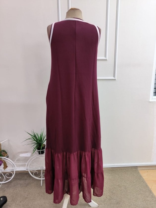Women's Sleeveless Round Neck Burgundy Chiffon Hem Long Viscose Dress - Janes - by Peralane - photo 6