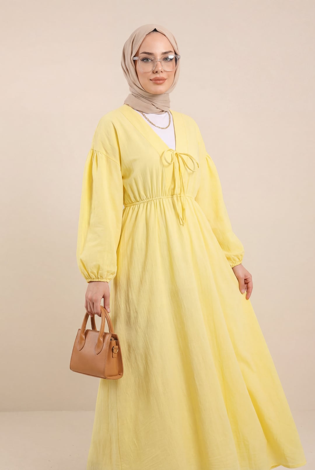 Yellow Tie-Front Drawstring Muslin Dress with Elasticated Waist and Cuffs - Podyumplus - by Peralane - photo 2