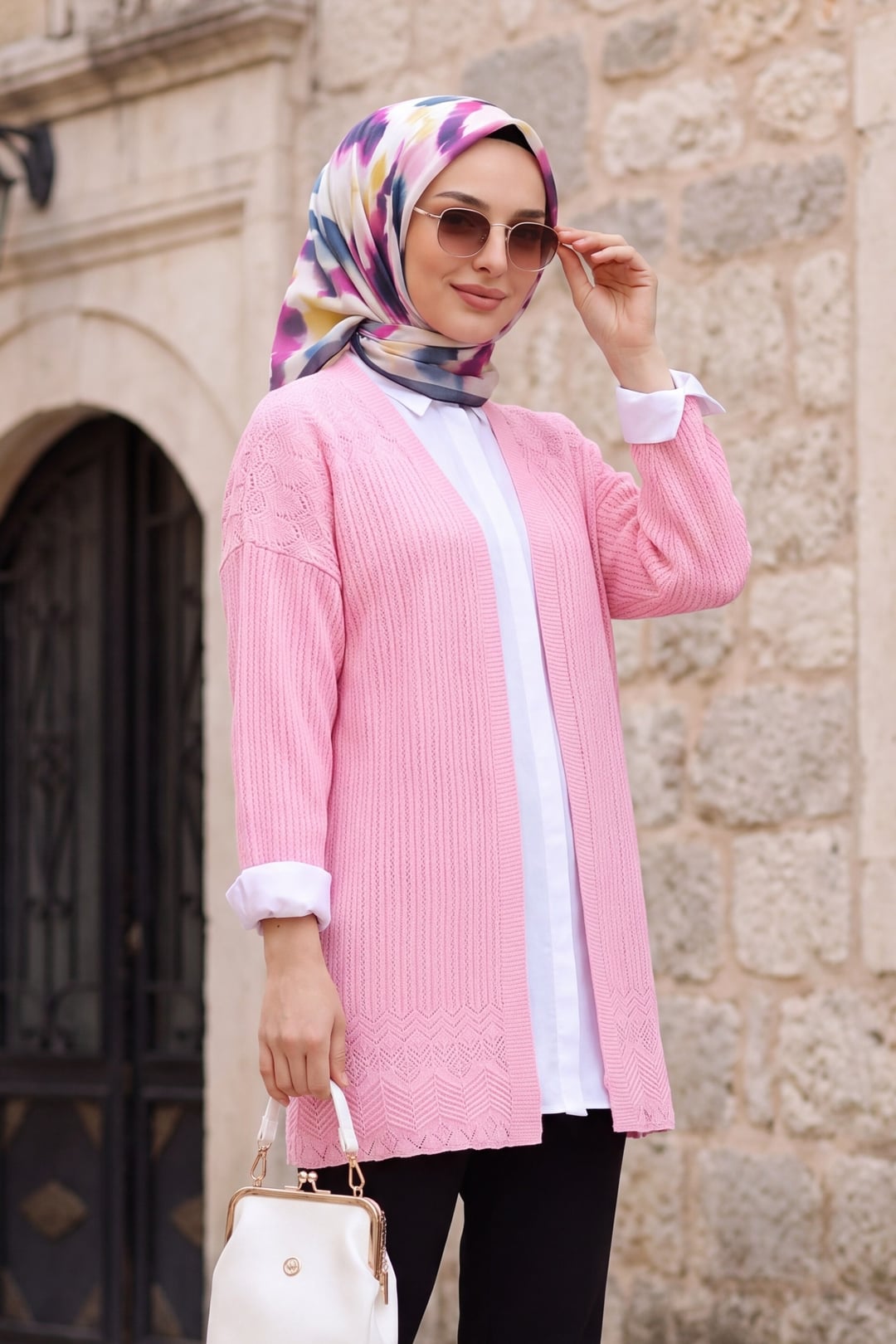 Patterned Skirt Openwork Cardigan - Pink - Podyumplus - by Peralane