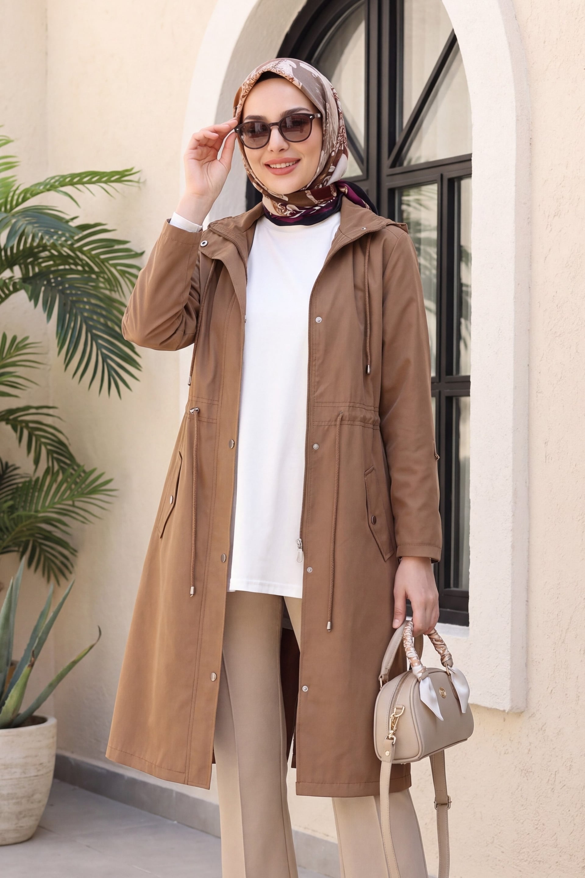 Women's Tan Hooded Lined Trench Coat with Drawstring Waist - Podyumplus - by Peralane