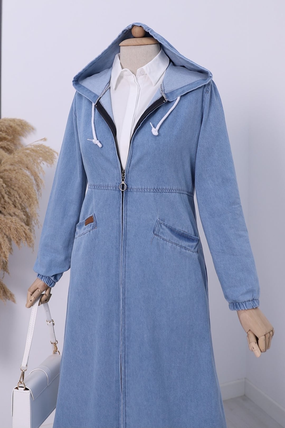 Light Blue Denim Hooded Jacket with Pockets - Podyumplus - by Peralane - photo 4