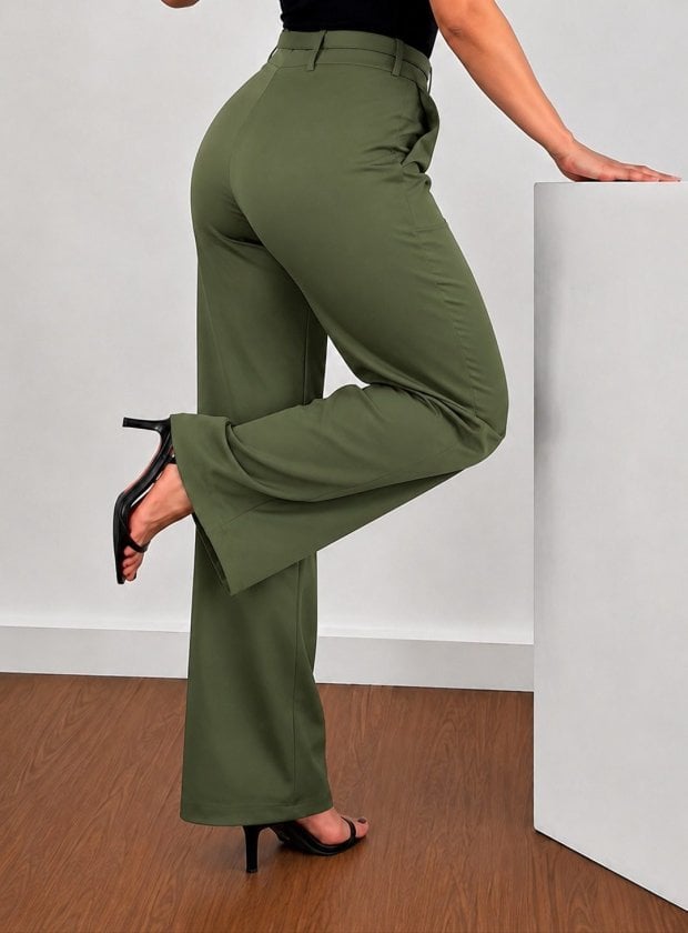Women's High Waist Beltless Satin Trousers in Olive Green - Janes - by Peralane - photo 3