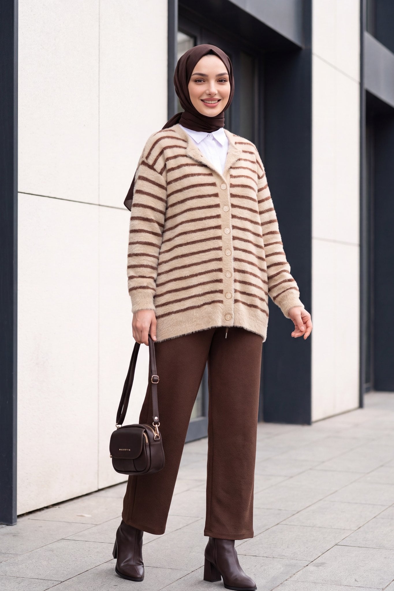 Women's Striped Button-Front Knit Cardigan - Brown - Podyumplus - by Peralane - photo 4