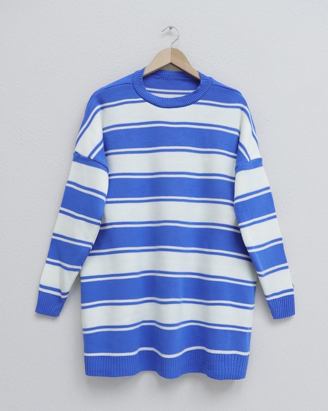 Blue and White Striped Loose Fit Knit Tunic - Podyumplus - by Peralane