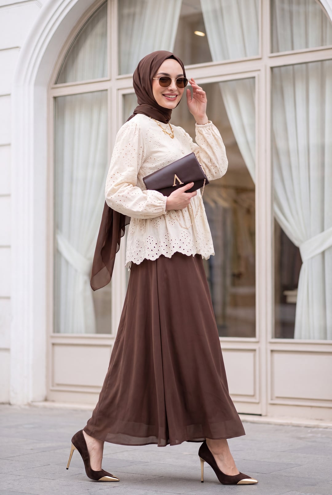 Cream Eyelet Embroidered Peplum Blouse with Puff Sleeves - Podyumplus - by Peralane - photo 5