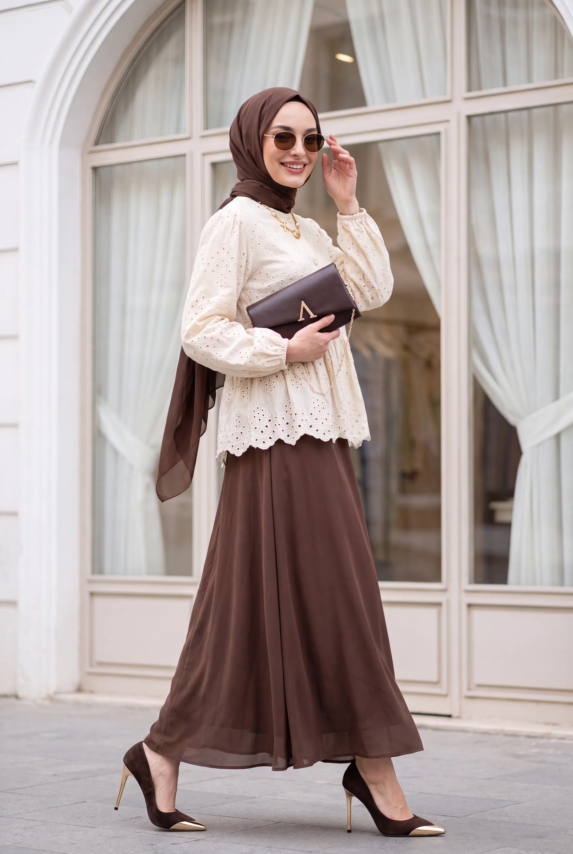 Cream Eyelet Embroidered Peplum Blouse with Puff Sleeves - Podyumplus - by Peralane - photo 5