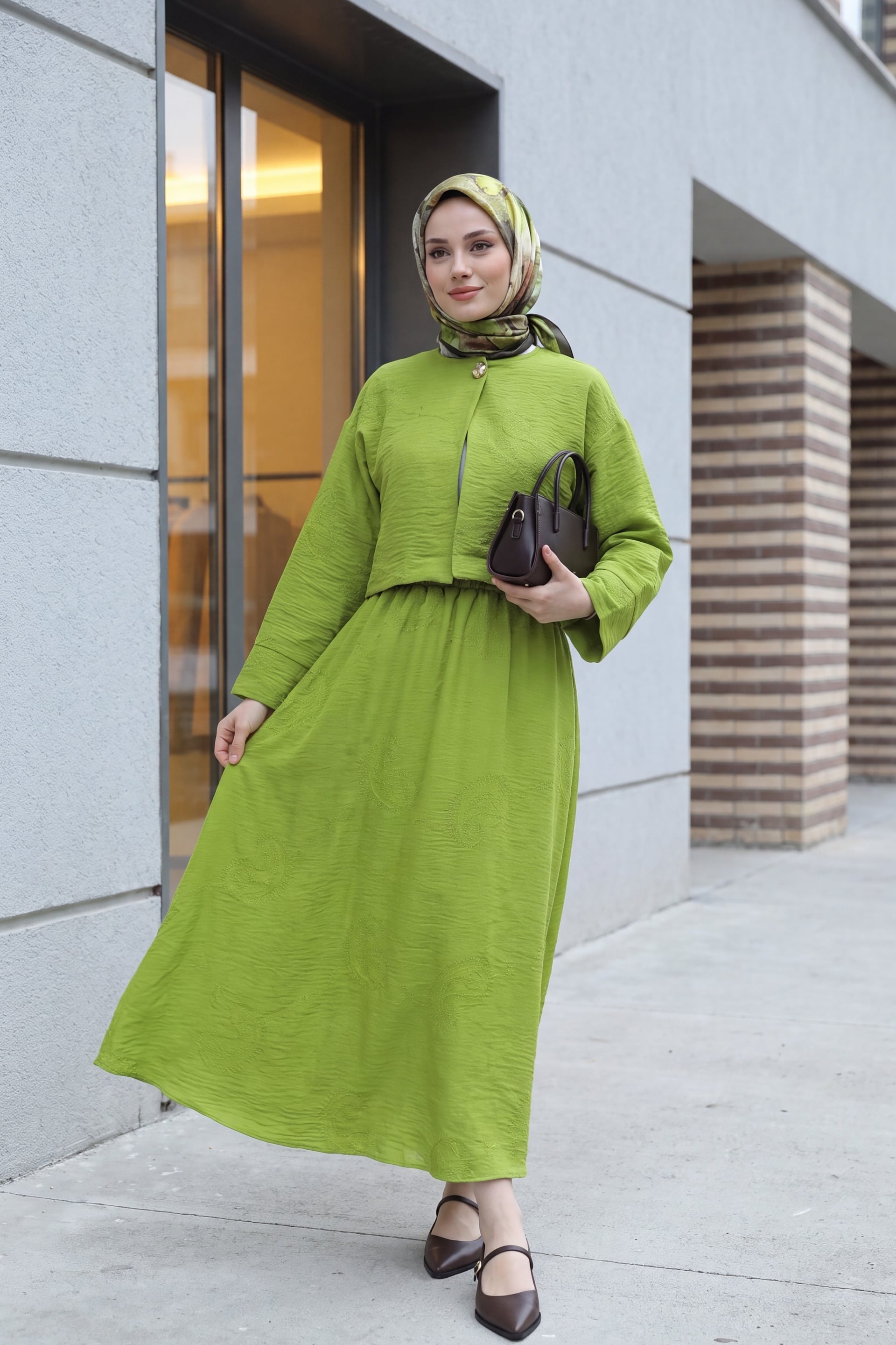 Single Button Embroidered Skirt Set with Linen Look - Pistachio Green - Podyumplus - by Peralane - photo 3