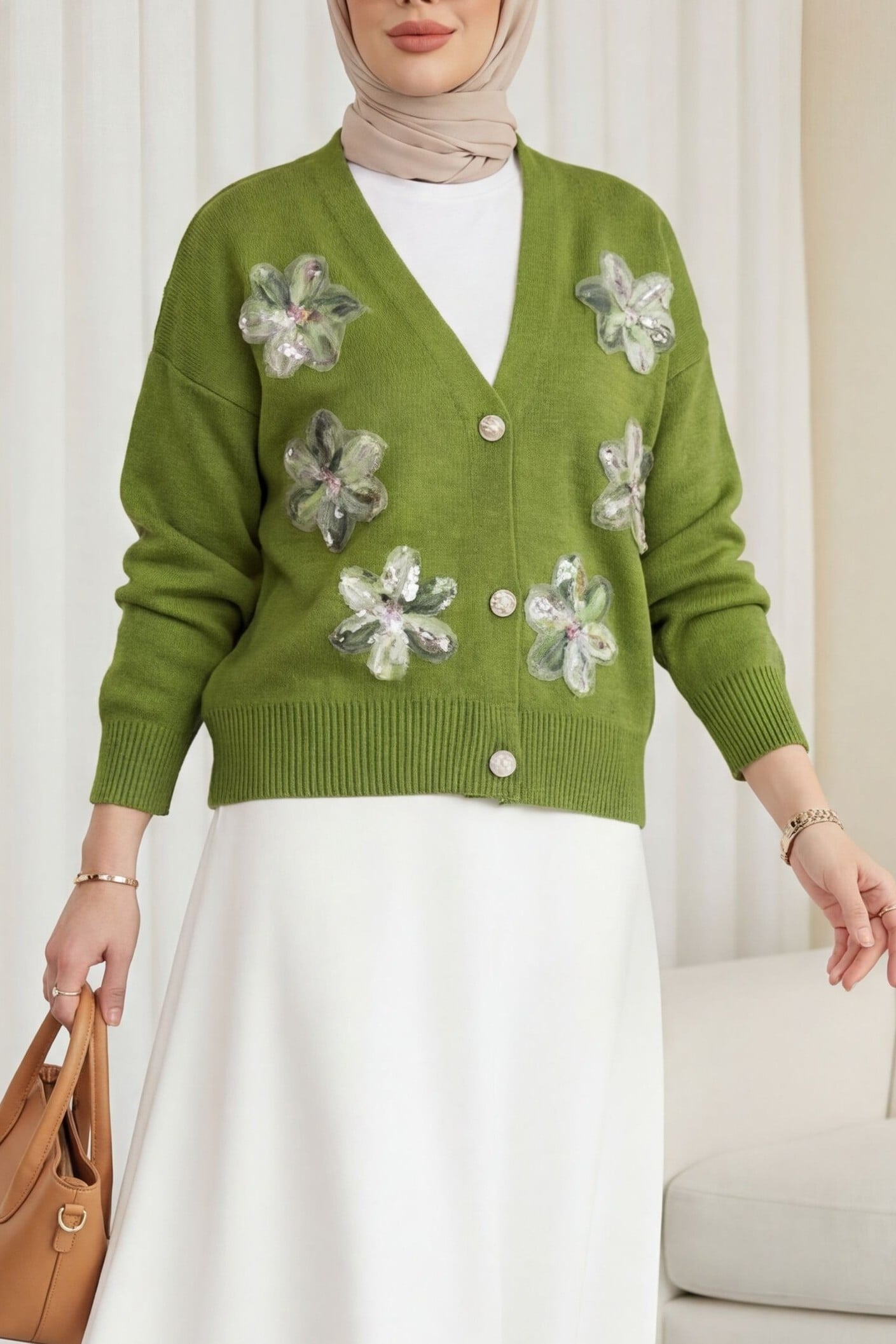 Sequin and Floral Beaded Knit Cardigan - Khaki - Podyumplus - by Peralane - photo 5