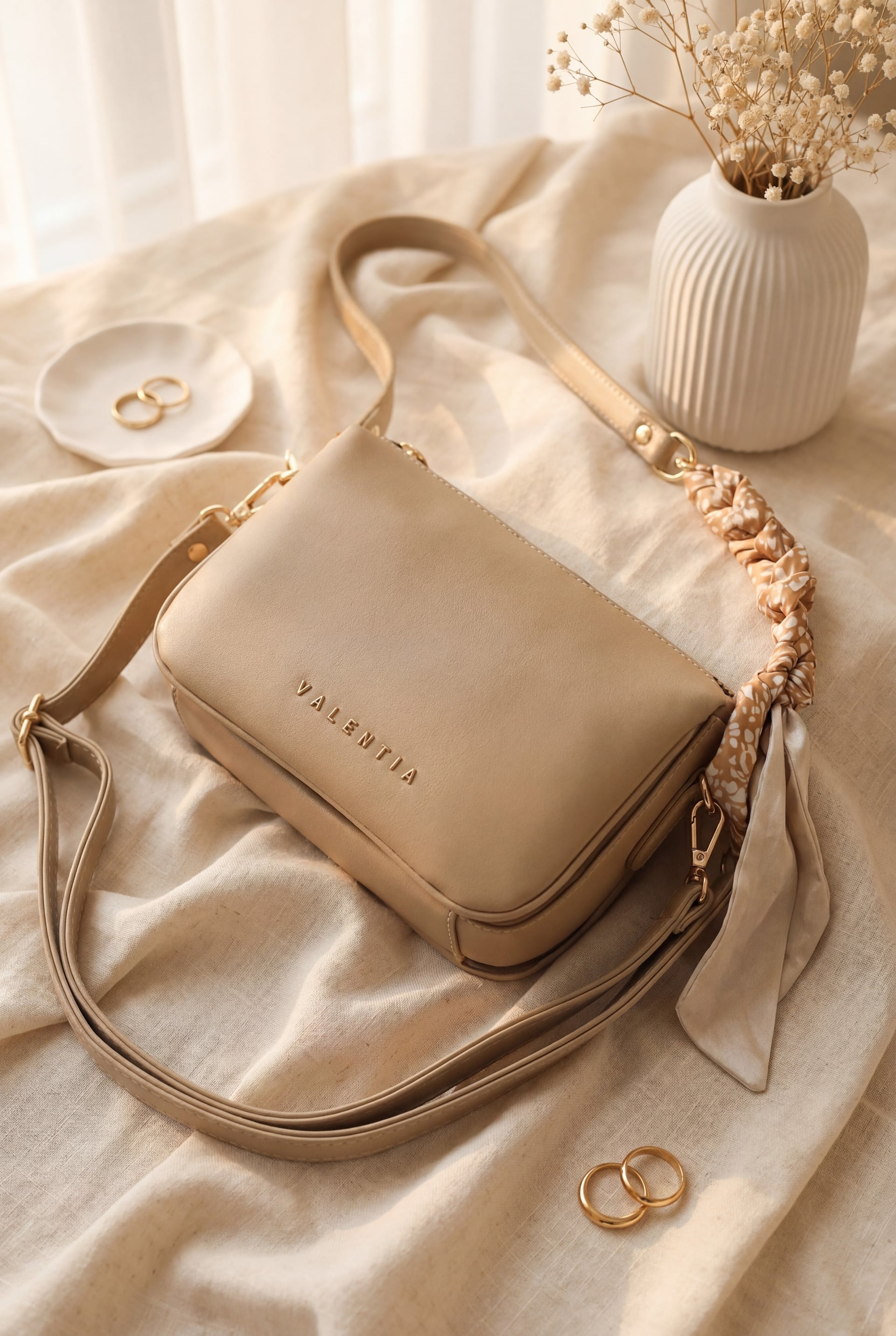 Long Strap Crossbody Bag with Zippered Compartments - Beige - Podyumplus - by Peralane