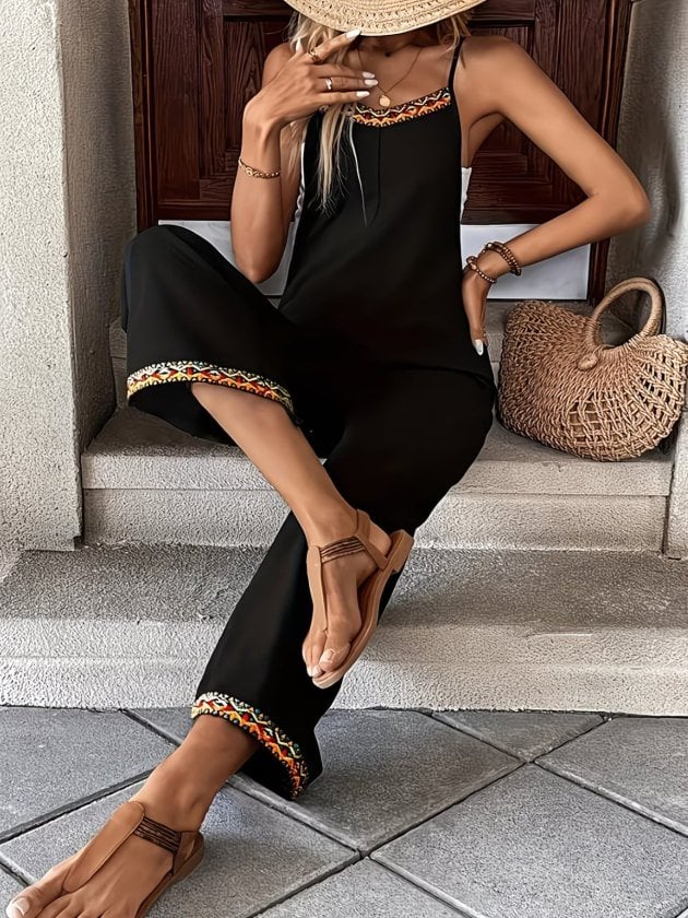 Women's Black Ethnic Stripe Jumpsuit with Spaghetti Straps - Janes - by Peralane