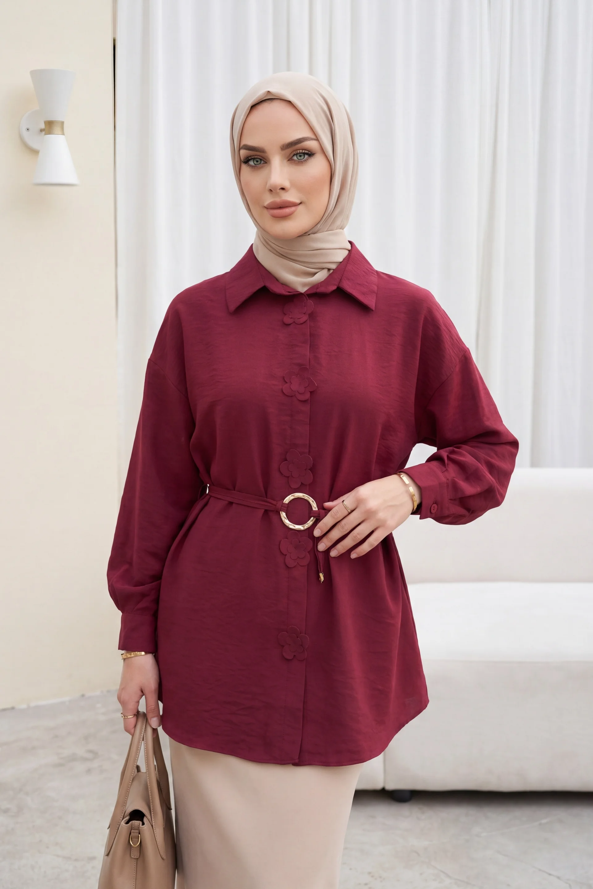 Floral Button Belted Modal Tunic - Burgundy - Podyumplus - by Peralane - photo 3