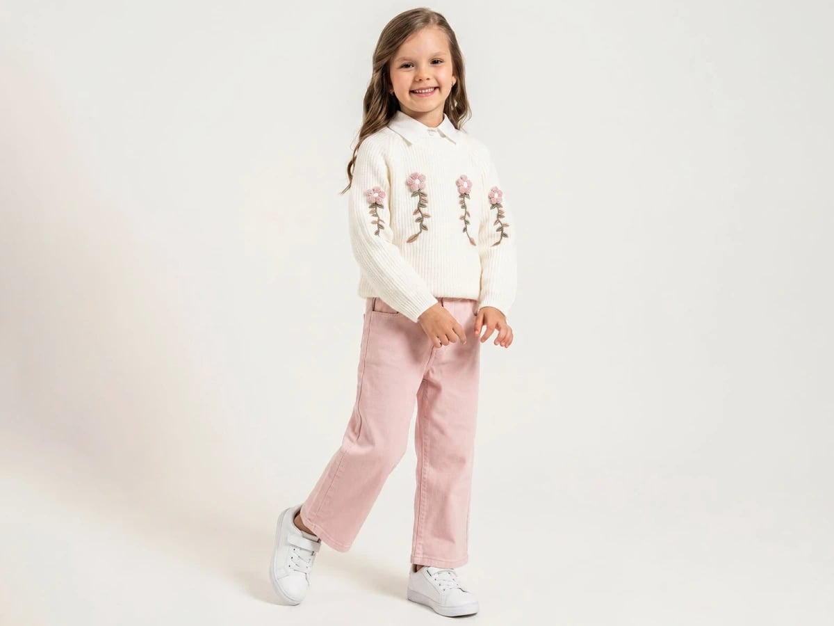 Girls' Knit Sweater and Blouse Set with Floral Embroidery - Pink - Pampal Kids - by Peralane