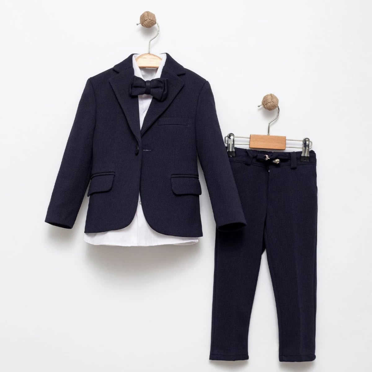 Navy Blue Boys' 5-Piece Suit Set with Blazer, Shirt, Trousers, and Bow Tie - Terry - by Peralane