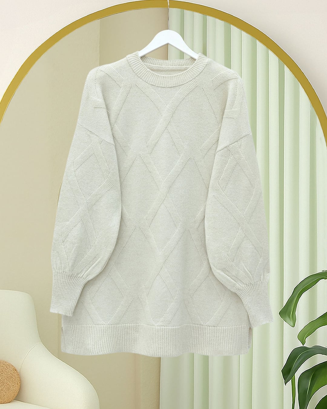 Cream Diamond Pattern Knit Tunic - Podyumplus - by Peralane - photo 3