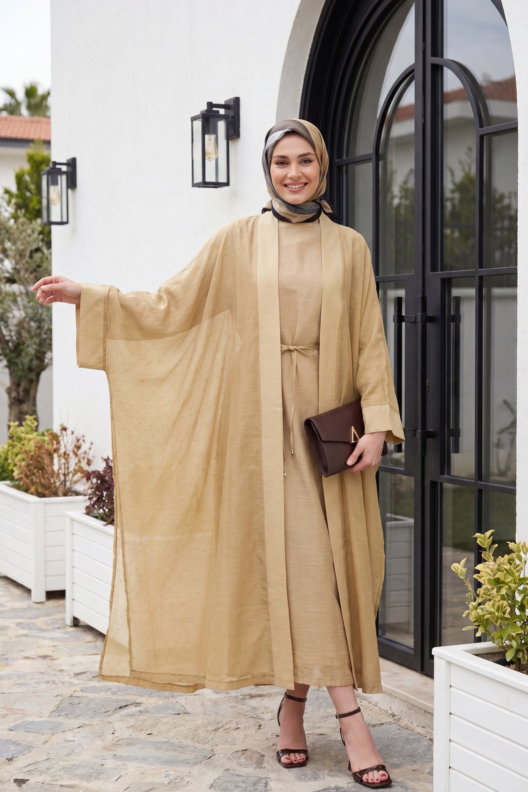 Belted Lined Flounce Tulle Abaya Set with Inner Dress - Mink - Podyumplus - by Peralane