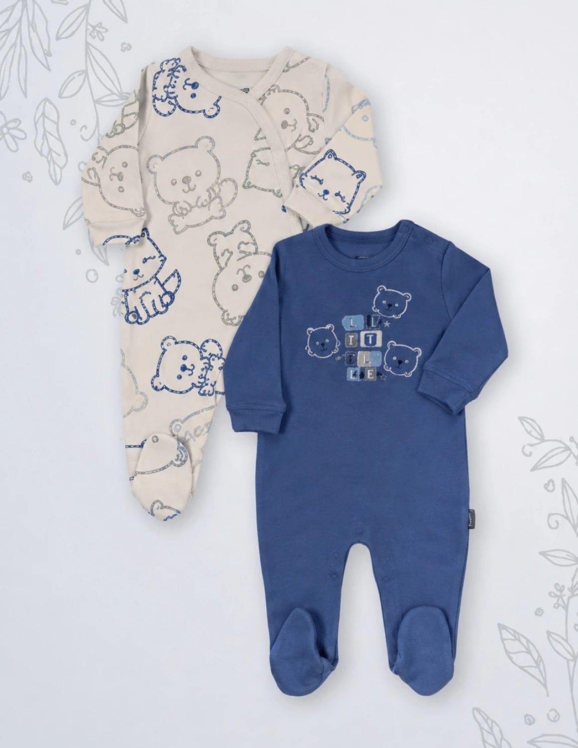 Baby Romper Set - Cream and Dark Blue with Bear Prints (1-6M) - Interkidsy - by Peralane