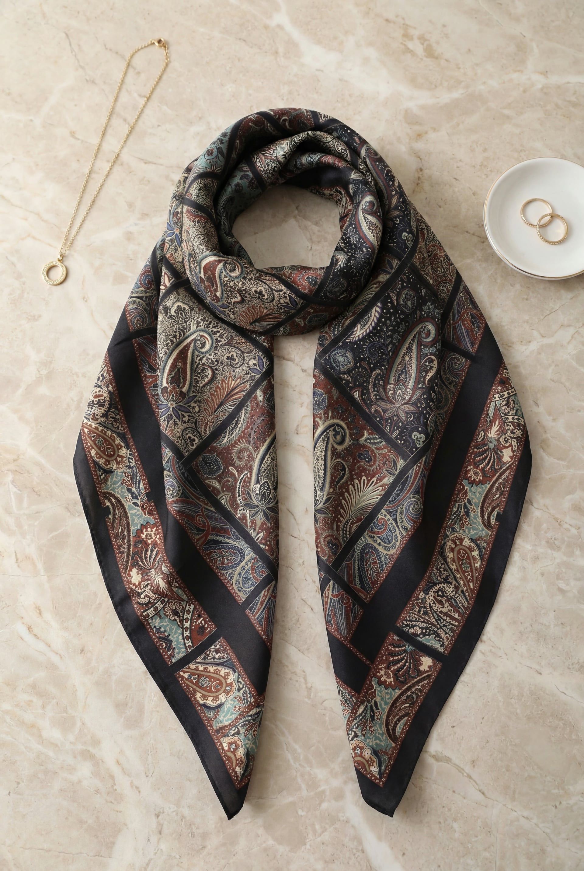 Geometric Frame Rayon Scarf - Dark Burgundy - Podyumplus - by Peralane - photo 2