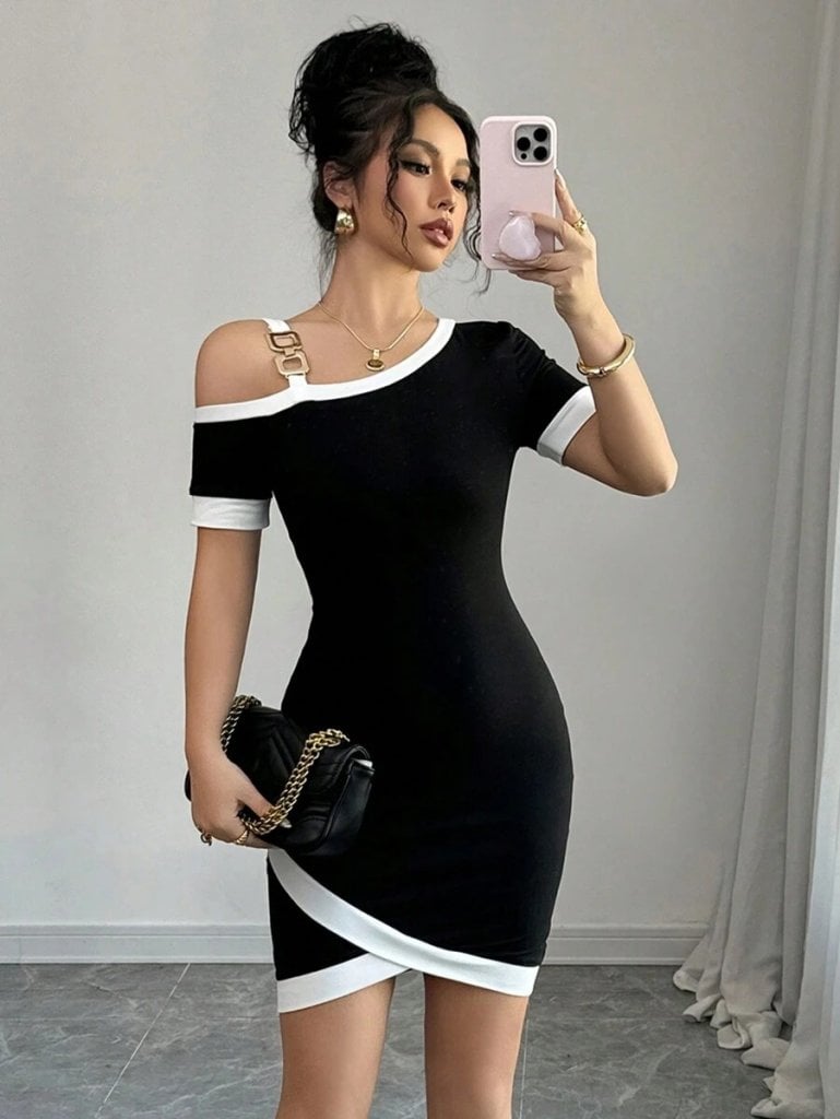 Women's Short Sleeve Asymmetric Cut Dress with Neck Trim and Accessory Detail - Janes - by Peralane