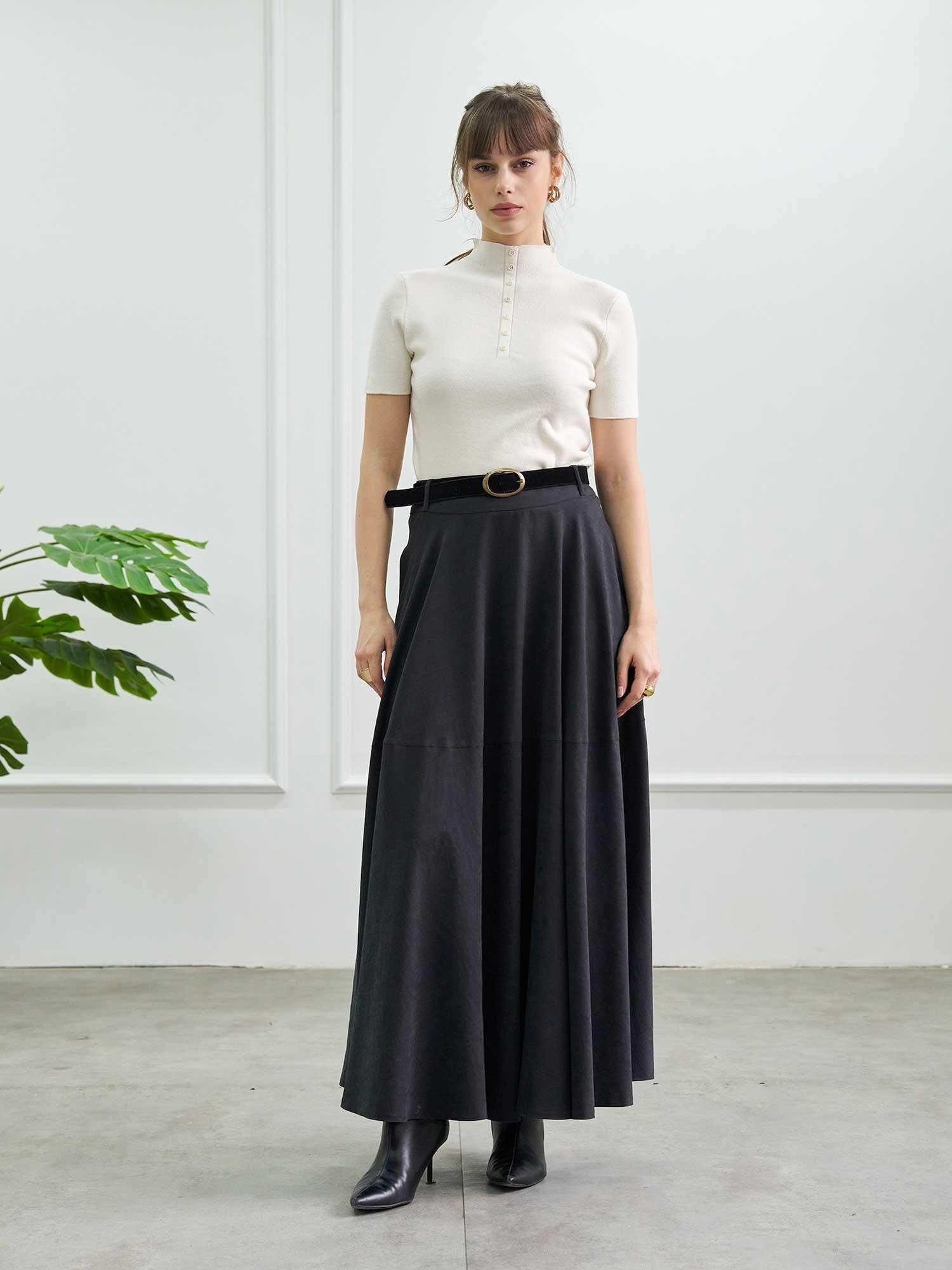 Gathered Waist Maxi Skirt with Belt - Black - Lefon - by Peralane - photo 2