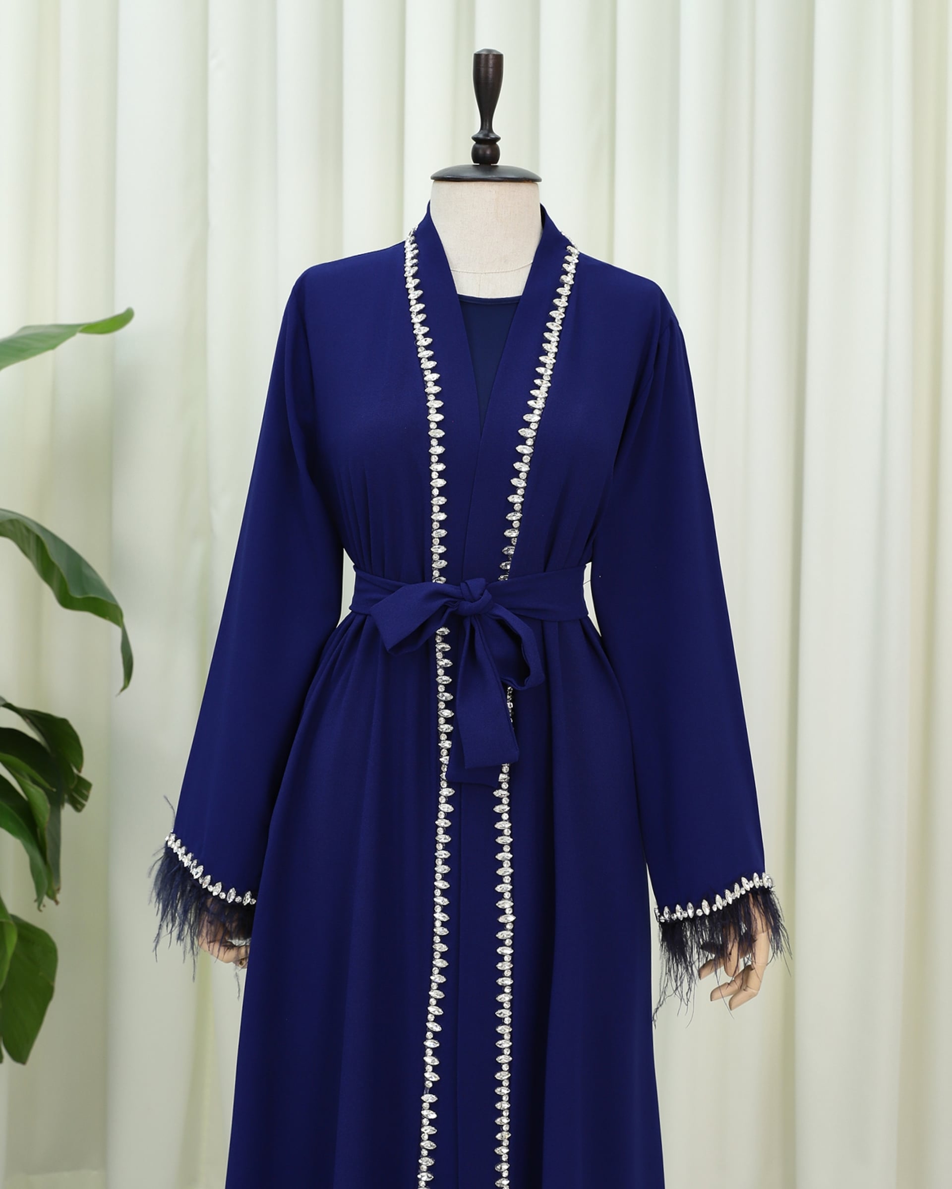Belted Abaya with Feathered Sleeves and Stone Detail - Saks - Podyumplus - by Peralane - photo 3