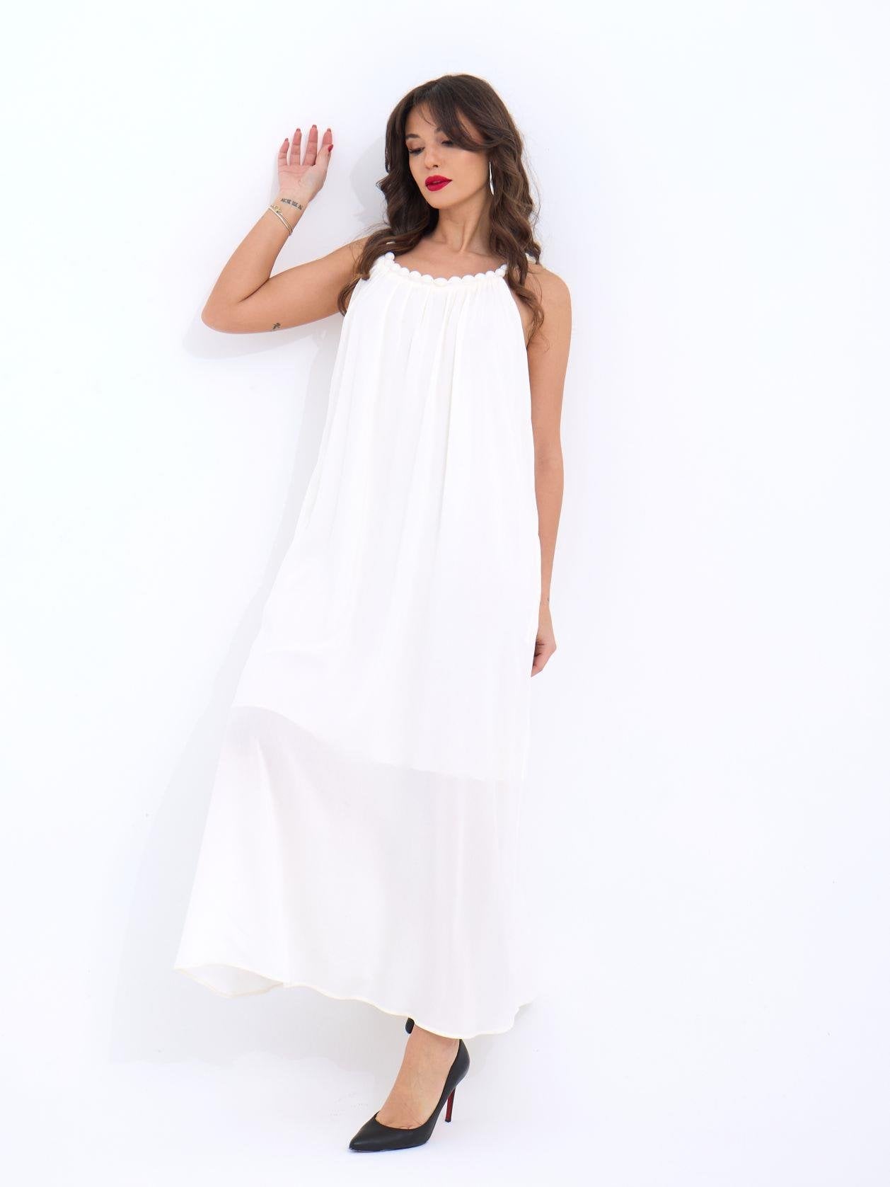 White Floor-Length Spaghetti Strap Dress with Gathered Neckline - Pack of 6 - Fame - by Peralane - photo 3