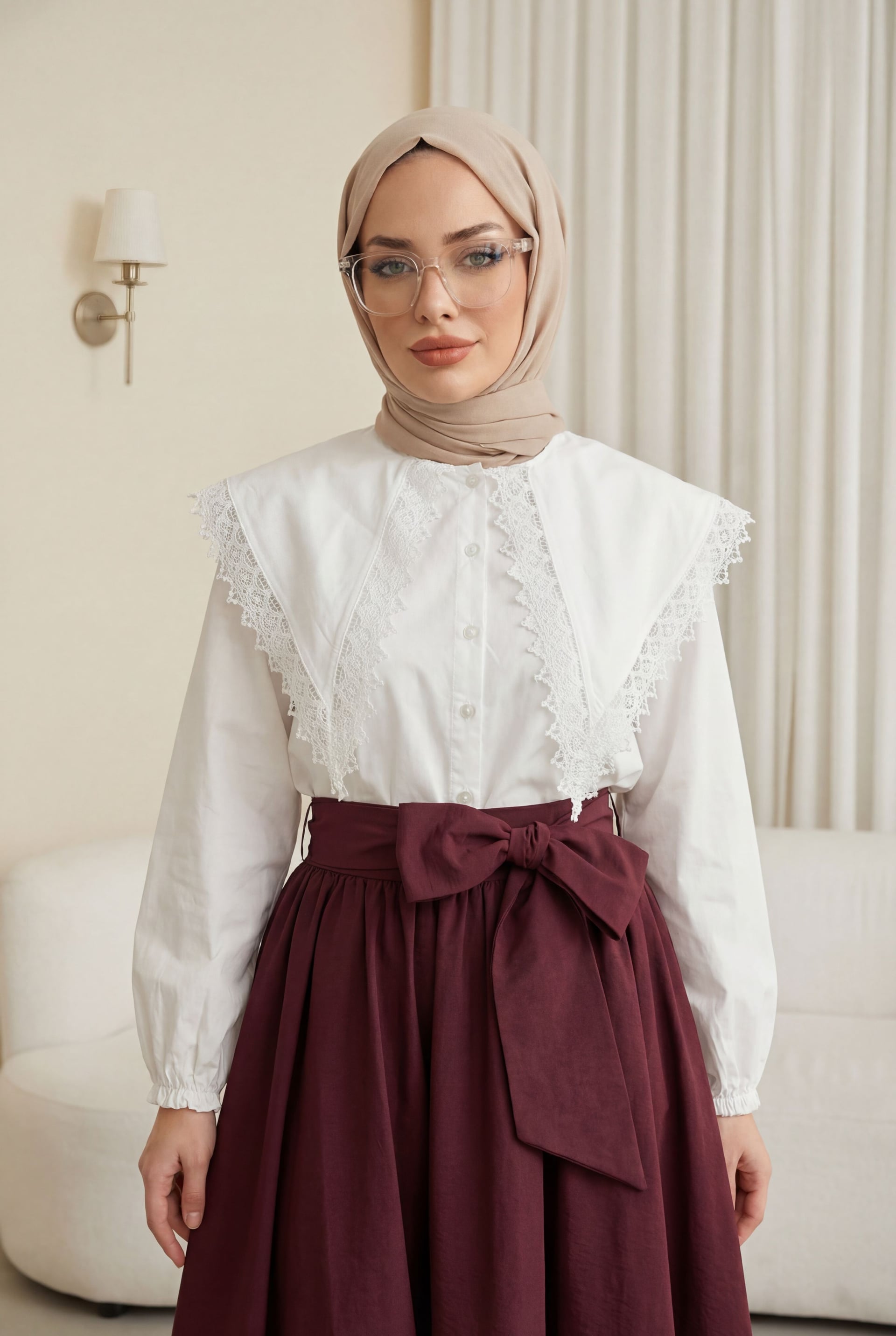Lace Collar Button-Up Poplin Blouse with Burgundy Skirt Set - Podyumplus - by Peralane