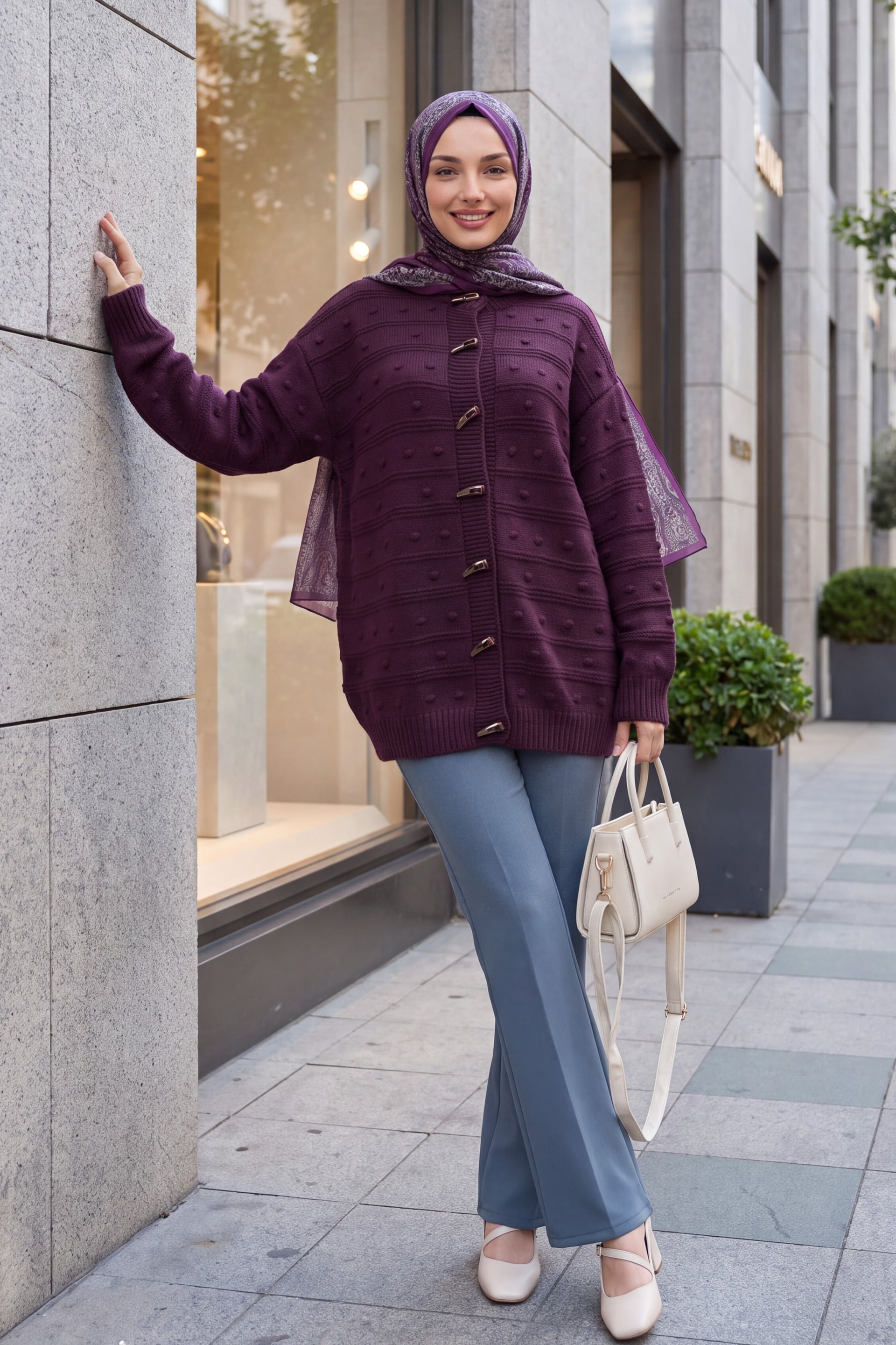 Ivory Button Pom-Pom Detail Loose Knit Cardigan - Plum - Podyumplus - by Peralane - photo 3