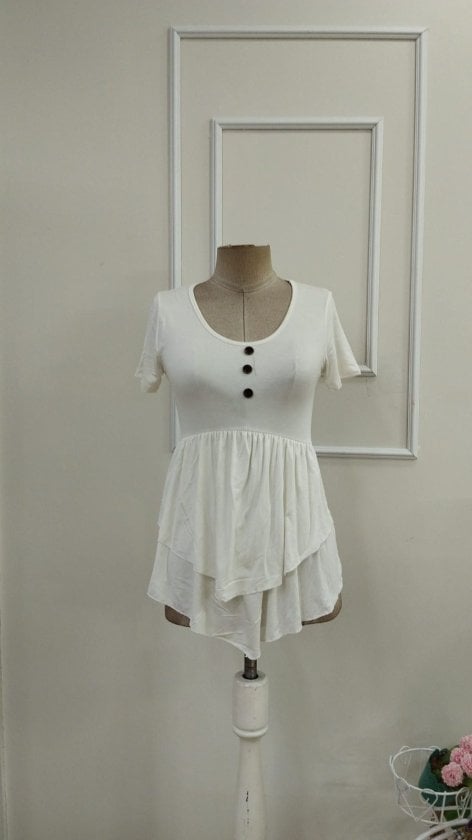 Women's White Short Sleeve Round Neck Button Front Asymmetric Cut Viscose Blouse - Janes - by Peralane - photo 4