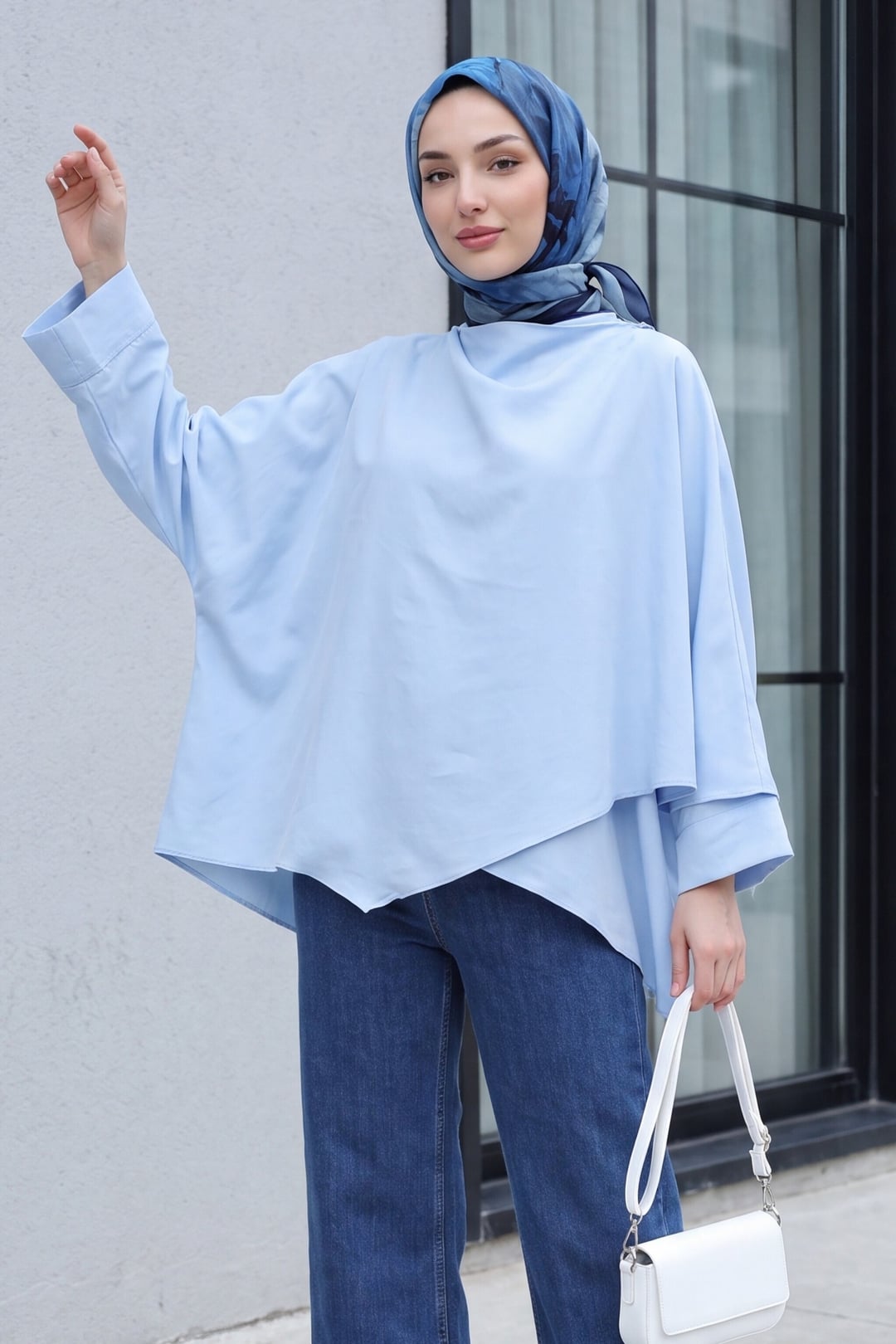 Button-Shoulder Batwing Sleeve Modal Kimono Poncho - Baby Blue - Podyumplus - by Peralane