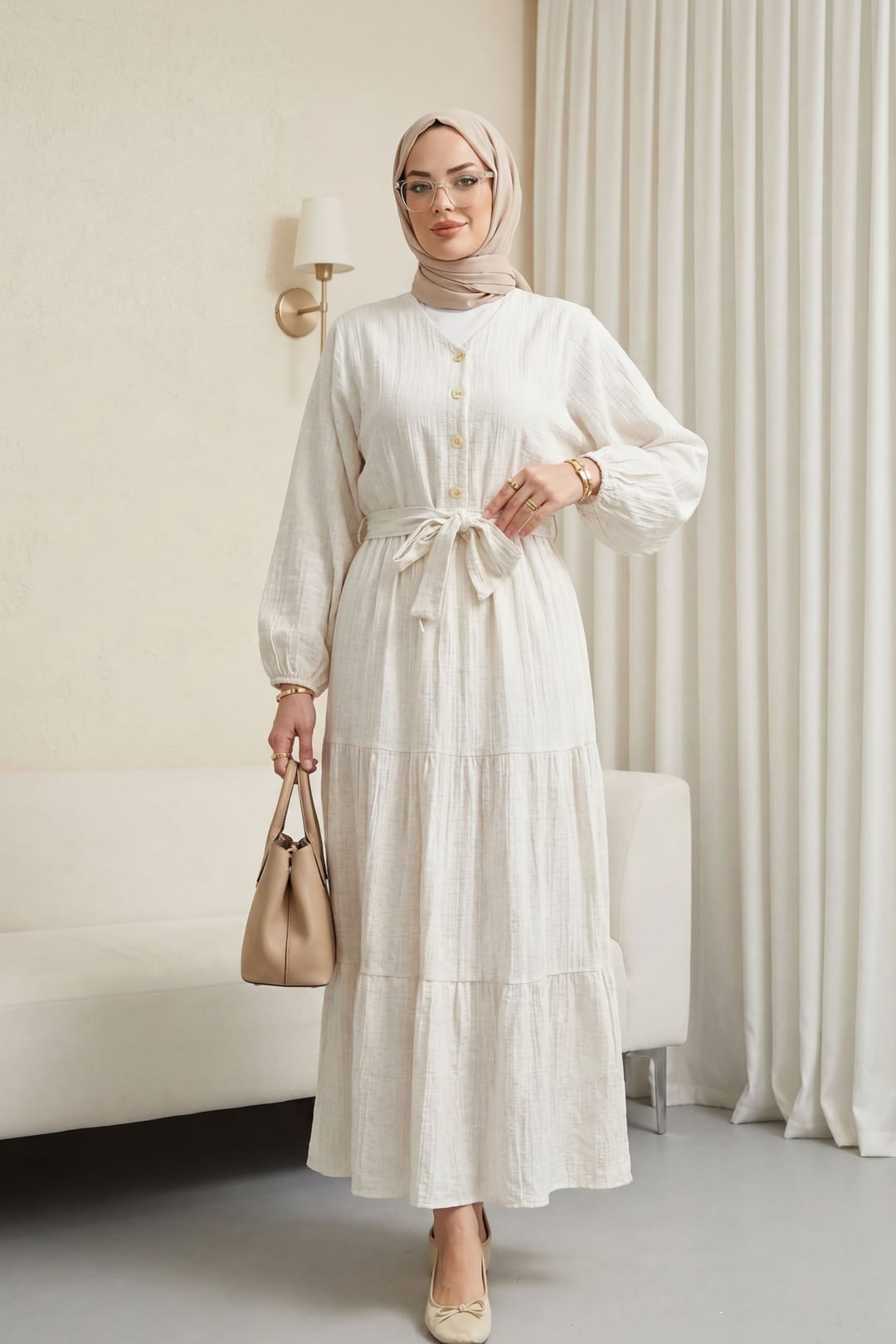 Beige Tie-Waist Blouse and Skirt Co-ord Set with Linen Look - Podyumplus - by Peralane - photo 4