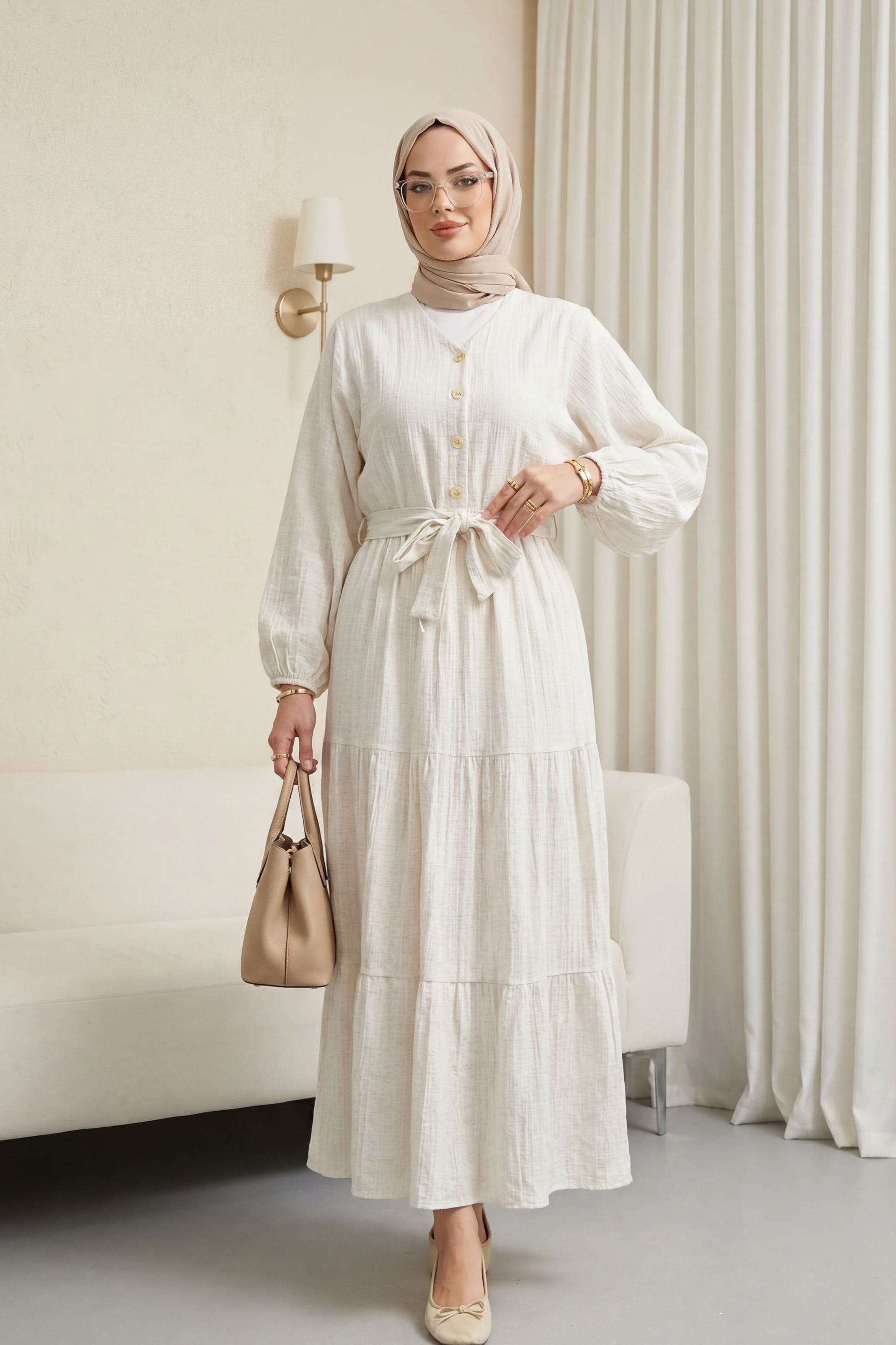 Beige Tie-Waist Blouse and Skirt Co-ord Set with Linen Look - Podyumplus - by Peralane - photo 4