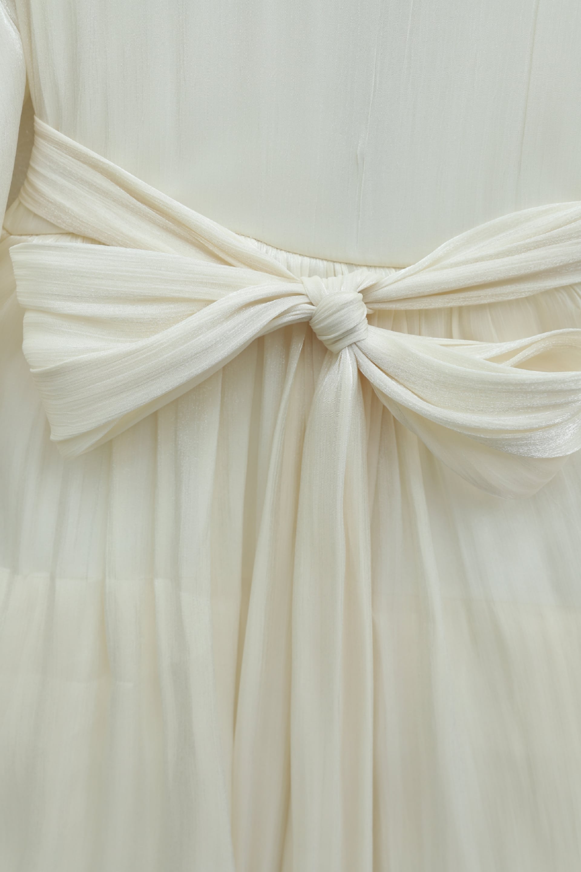 Beige Elasticated Cuff Tiered Ruffled Shimmer Chiffon Dress with Self-Tie Belt - Podyumplus - by Peralane - photo 6