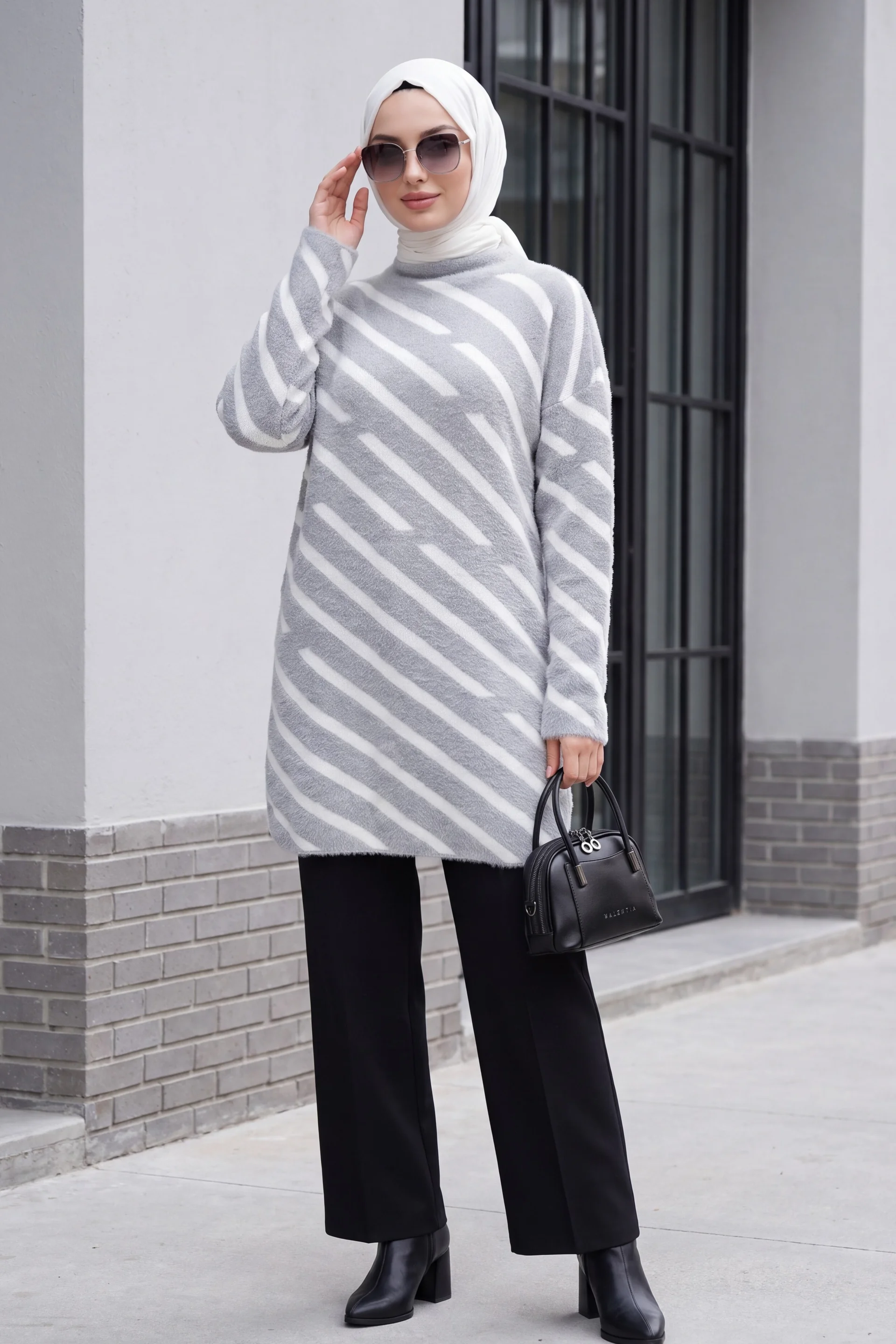 Half-Neck Side Stripe Fuzzy Knit Tunic - Grey - Podyumplus - by Peralane - photo 2