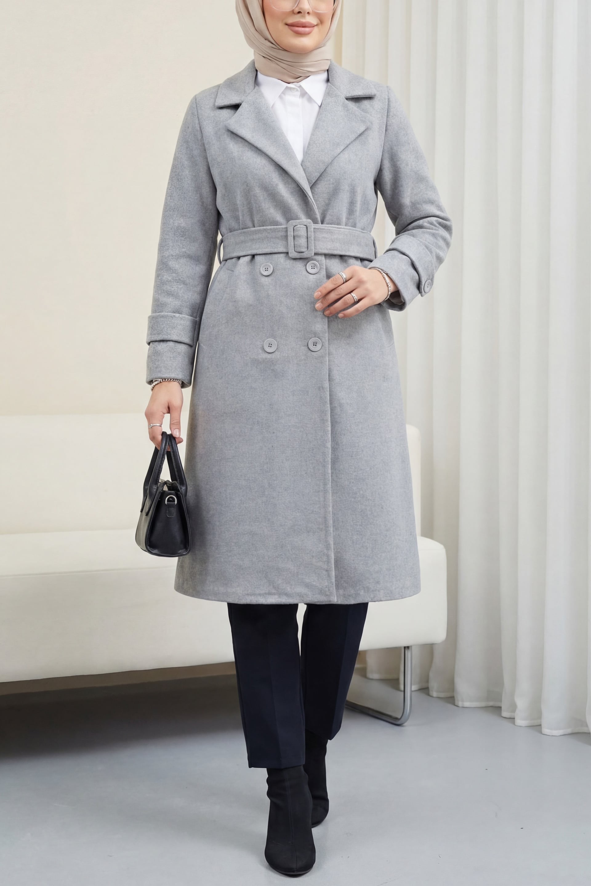 Women's Grey Double-Breasted Belted Wool Coat with Back Bolero Detail - Podyumplus - by Peralane